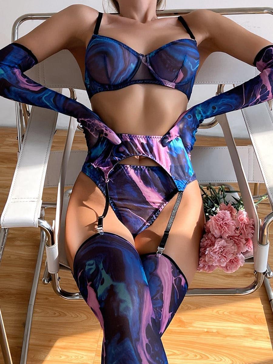 Print See Through Lingerie 5 Piece Set MSL014 - MISS ORD
