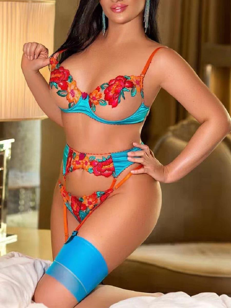 Satin Applique Underwire Lingerie 3 Piece Set MSL017 - MISS ORD