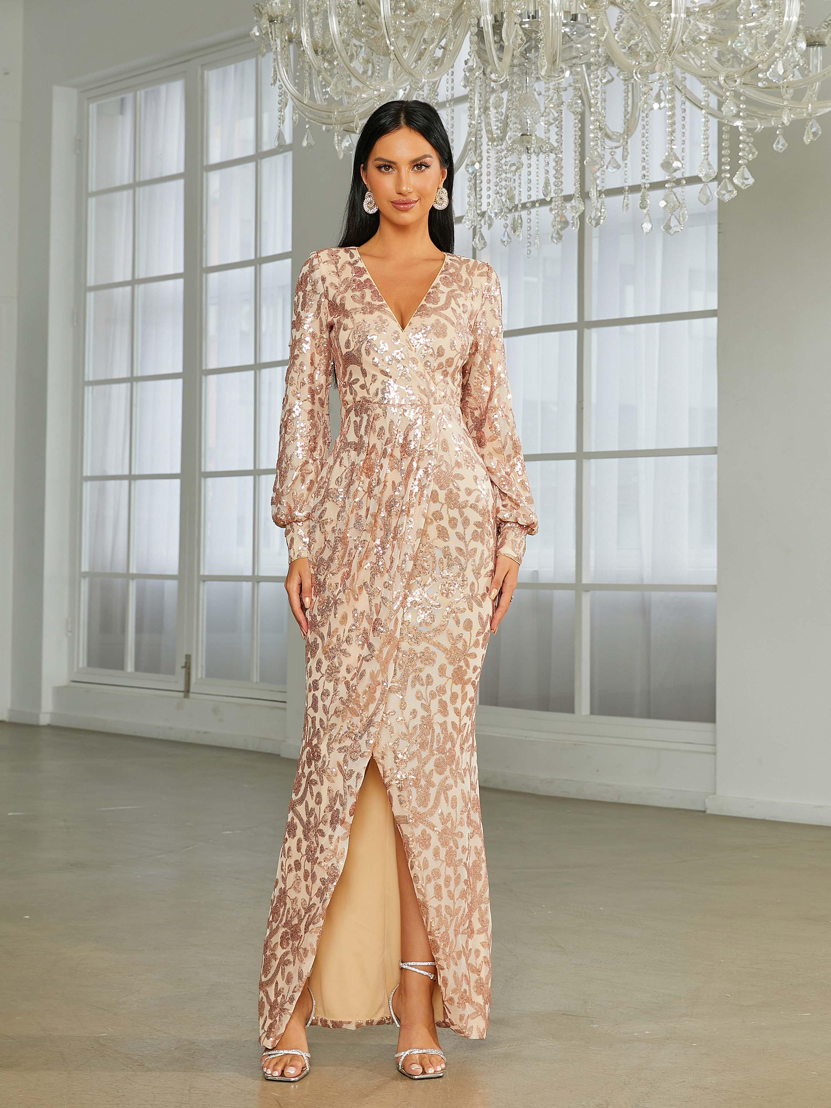 V-neck Split Sequin Wedding Guest Dress M01207 - MISS ORD