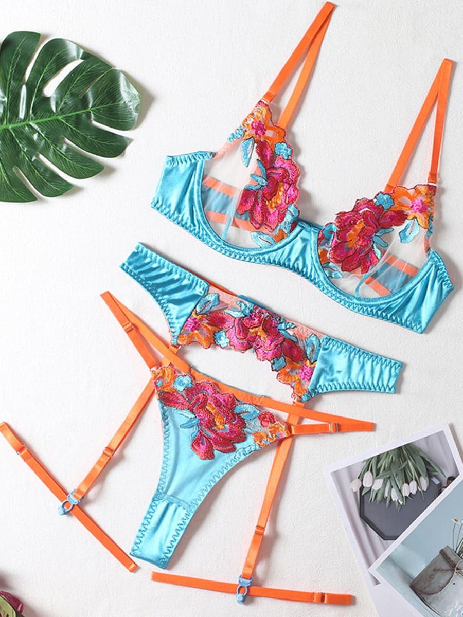 Satin Applique Underwire Lingerie 3 Piece Set MSL017 - MISS ORD