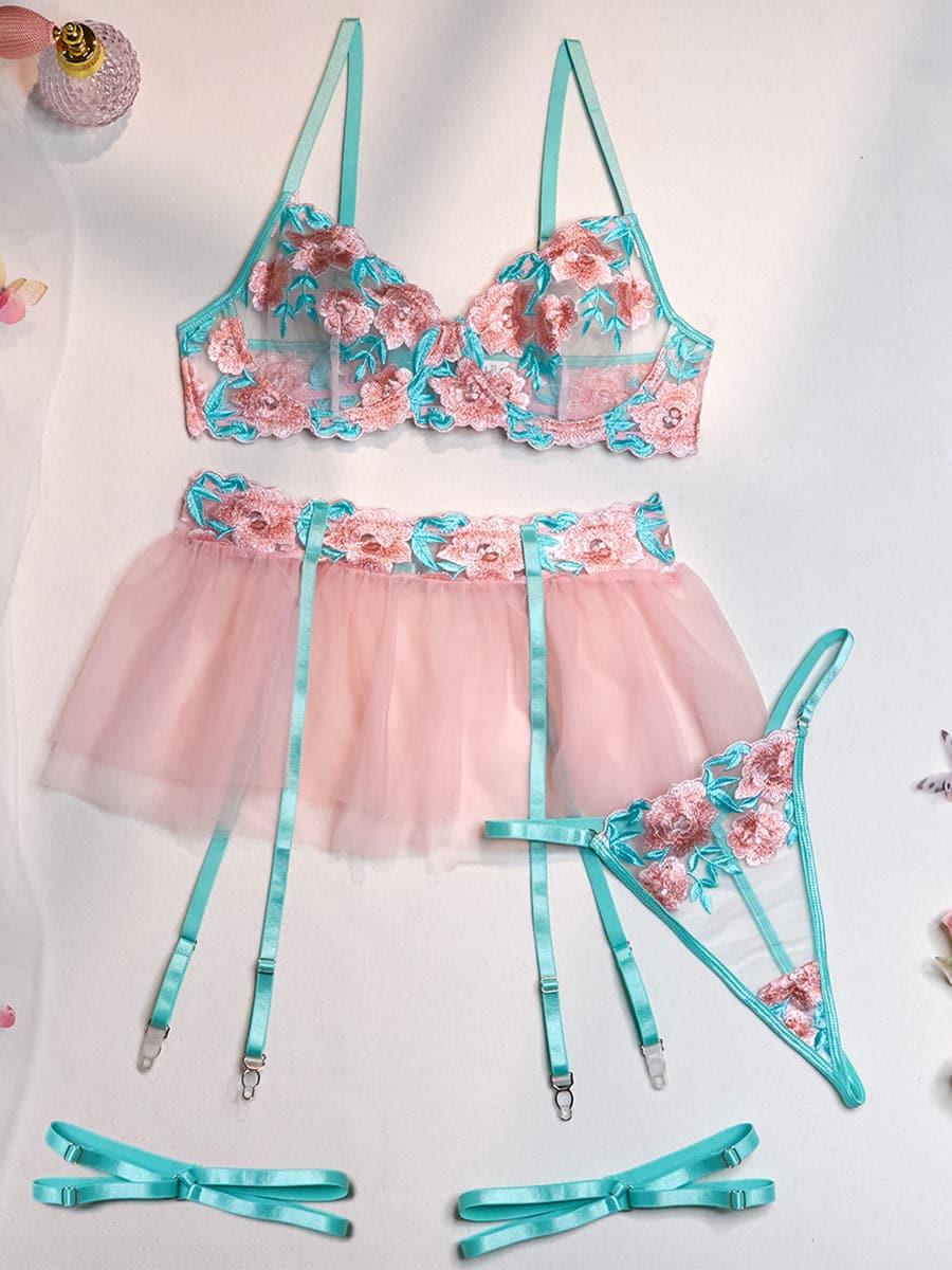 Embroidered Mesh Sexy Lingerie 4 Pieces Set MSL025 - MISS ORD