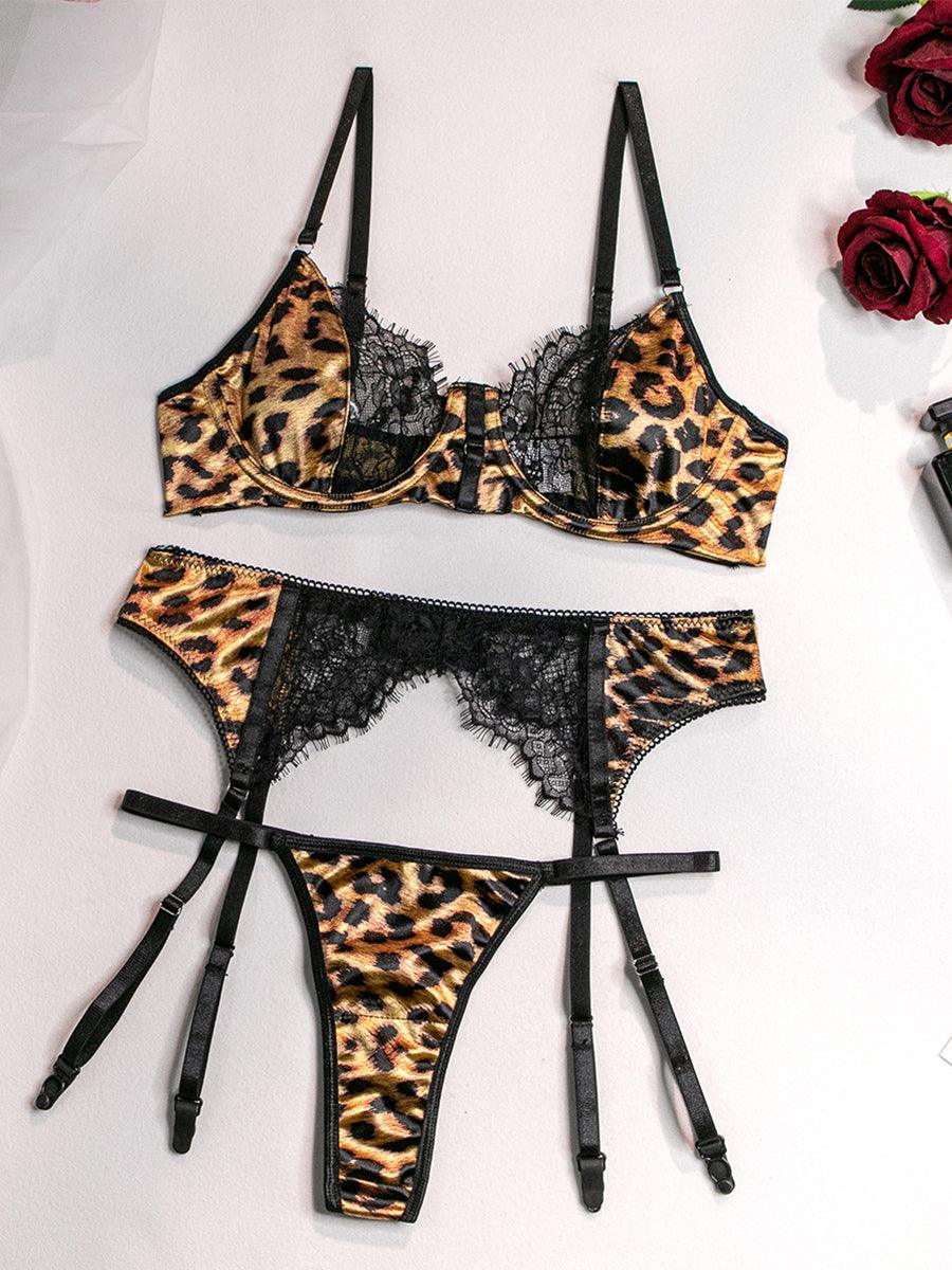 Stitched Leopard Print Sexy Lingerie 3 Piece Set MSL029 - MISS ORD