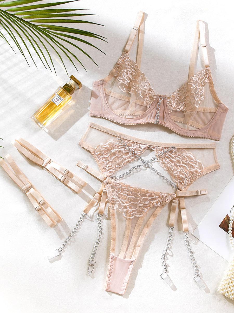 Metal Chain Embroidered Sexy Lingerie 4 Piece Set MSL034 - MISS ORD