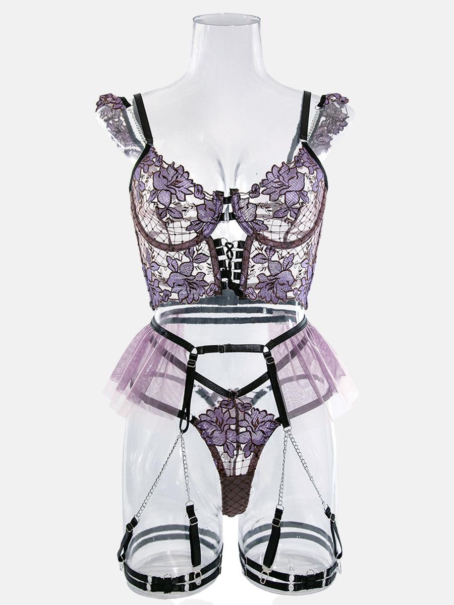 See Through Flower Lingerie 4 Piece Set MSL026 - MISS ORD