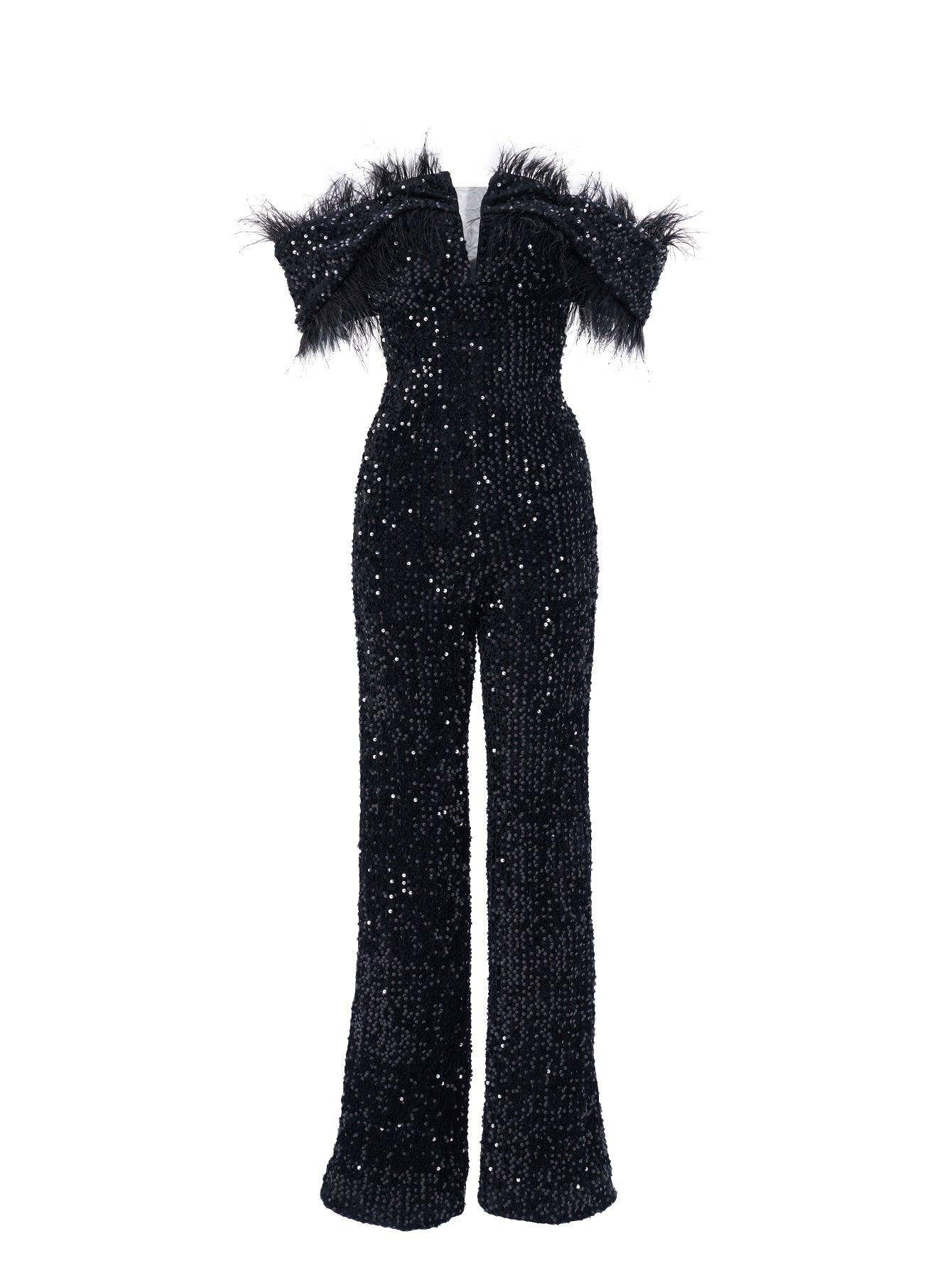 Off Shoulder Feather Jumpsuits M02251 - MISS ORD