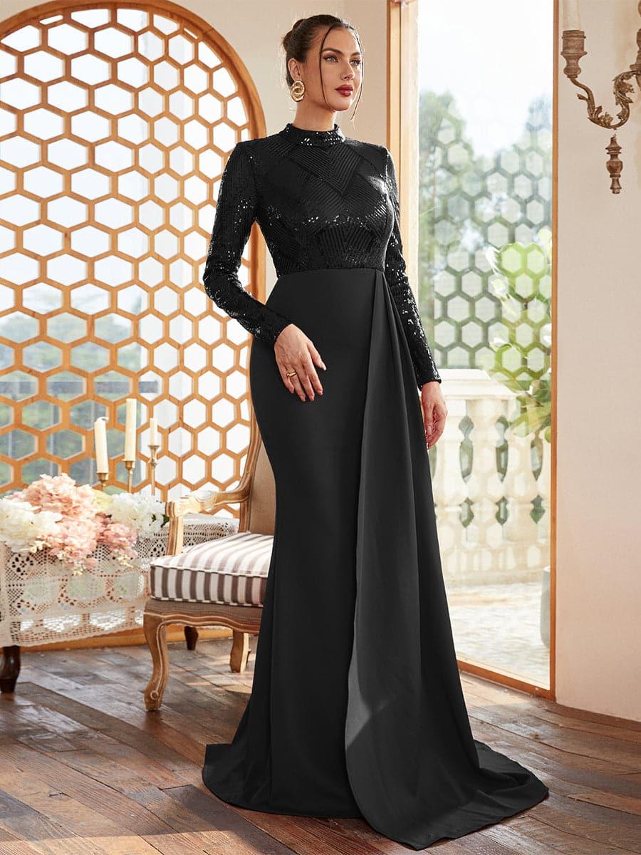 Draping Long Sleeve Sequin Formal Dress M02153 - MISS ORD