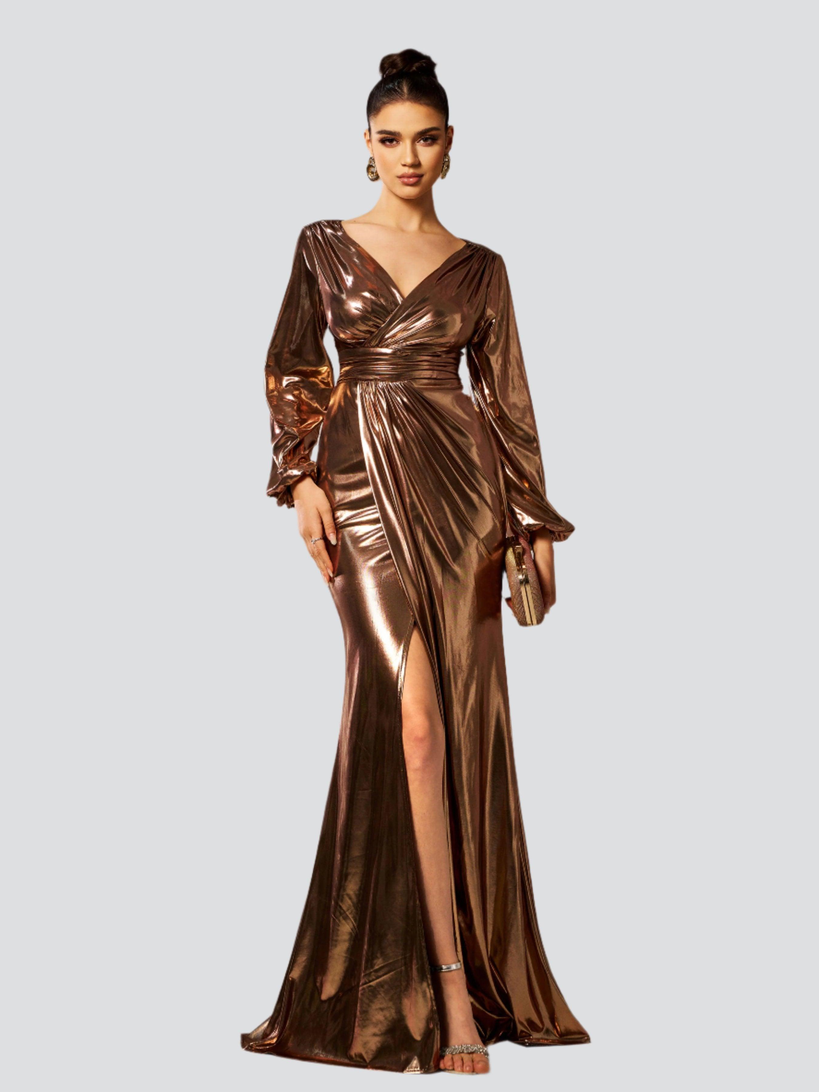 Wrap Long Sleeve Metallic Prom Dress RJ12035 - MISS ORD