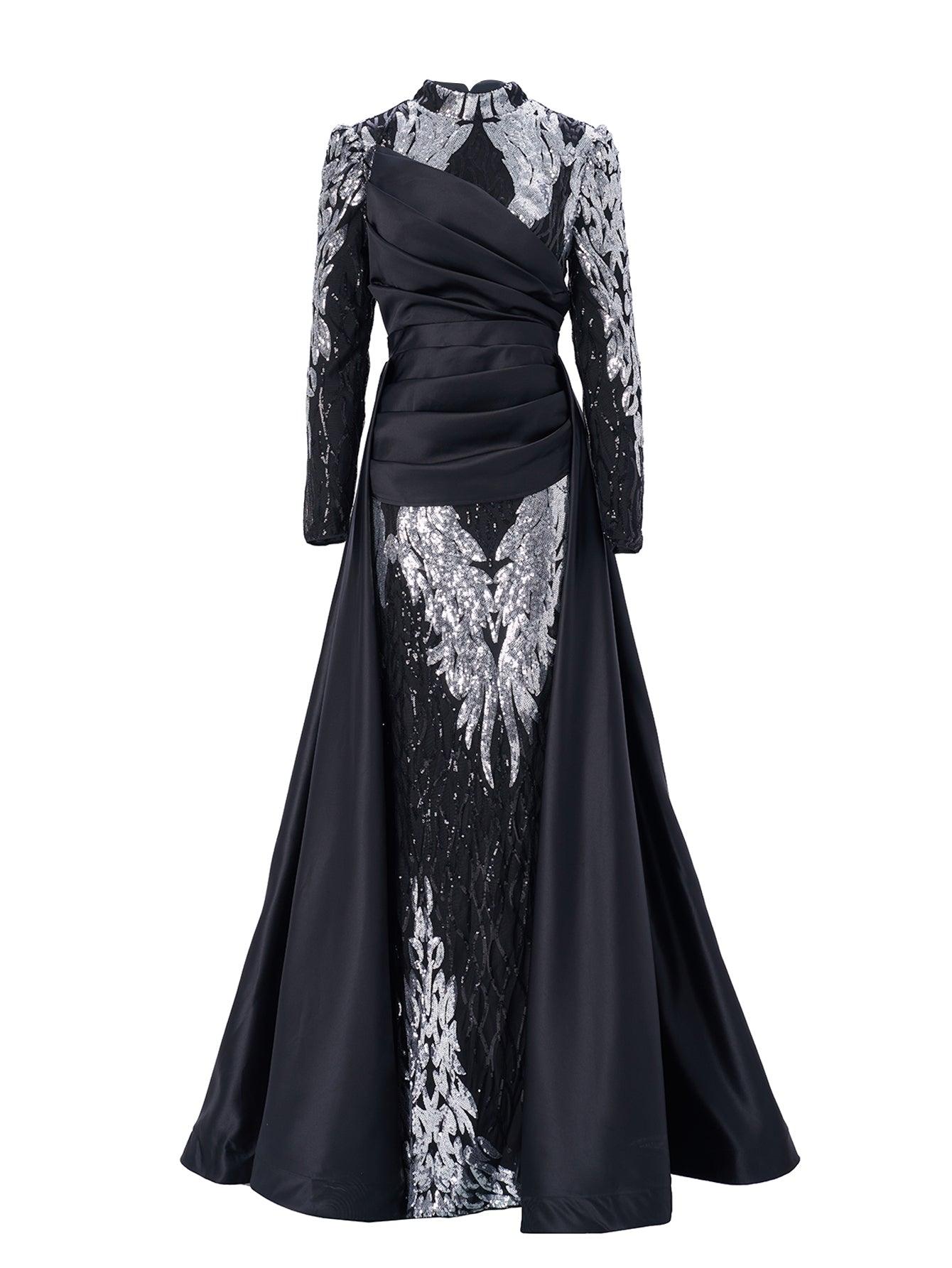 Stand Collar Fold Satin Sequin Dress MES00579 - MISS ORD