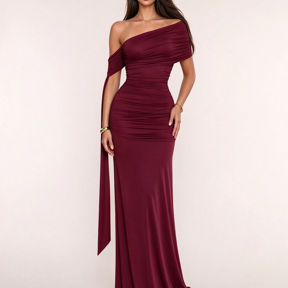 One-Shoulder Ruched Draped Maxi Dress