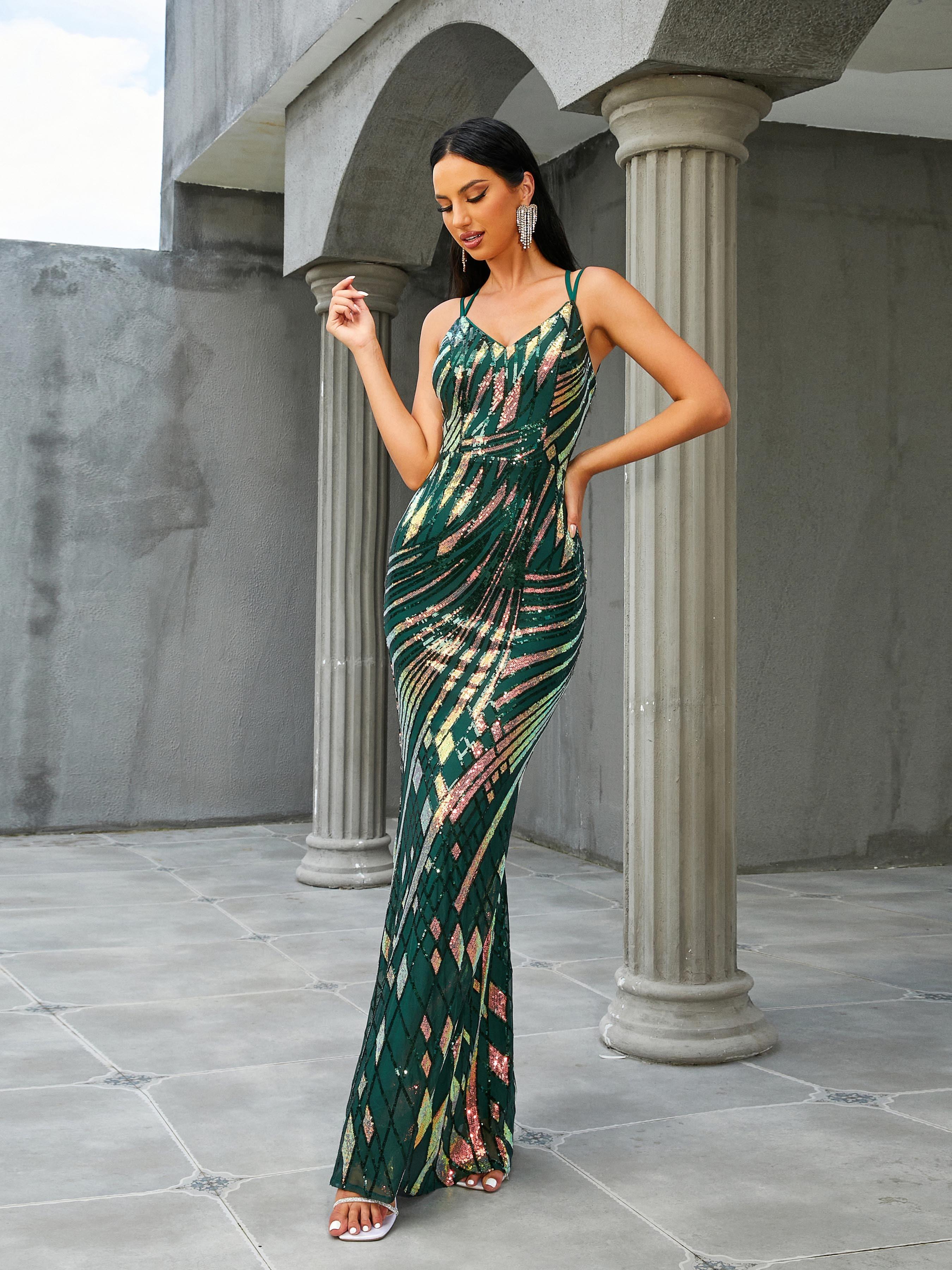 Spaghetti V-Neck Sleeveless Green Dress RH30653 - MISS ORD