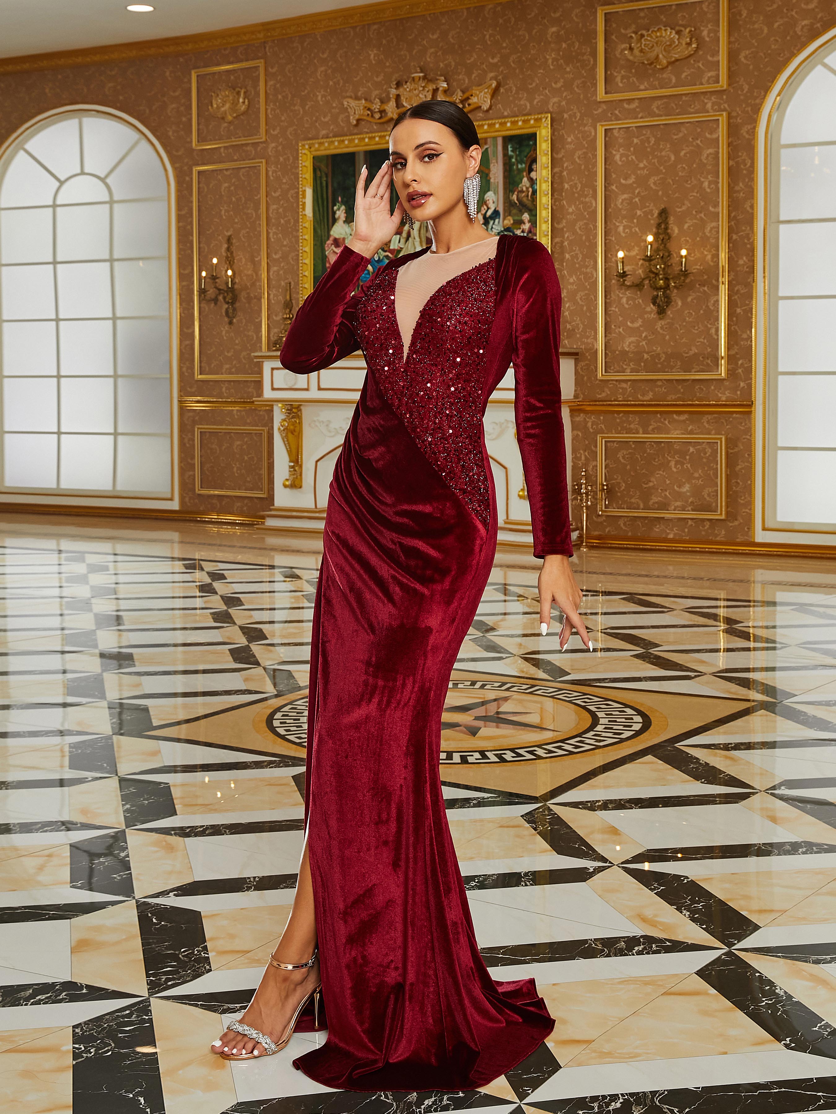 High Split Long Sleeve Wine Velvet Evening Dress