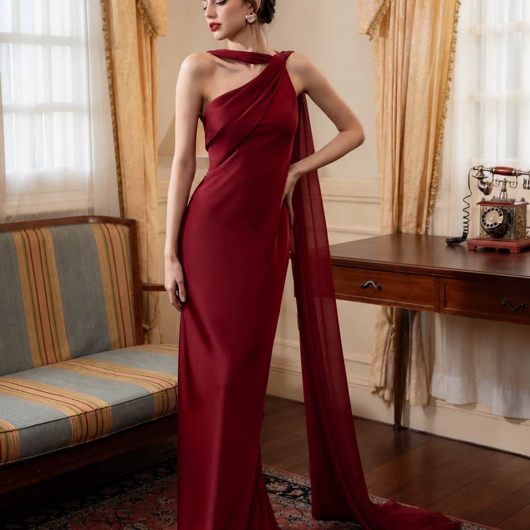 One Shoulder Draped Cape Backless Satin Evening Dress
