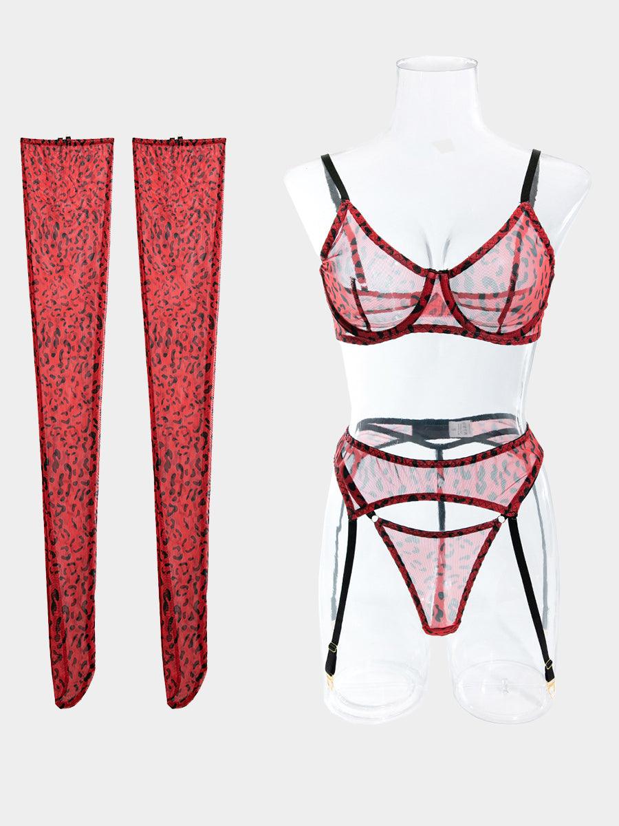 Mesh Leopard Print See-Through Sexy Lingerie 4 Piece Set MSL028 - MISS ORD