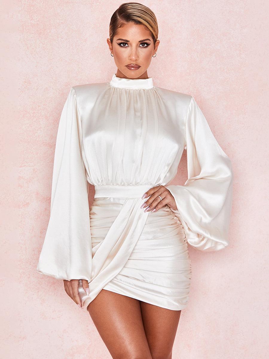 Stand Collar Ruched Ballon Sleeve Mini Dress MCW1200 - MISS ORD