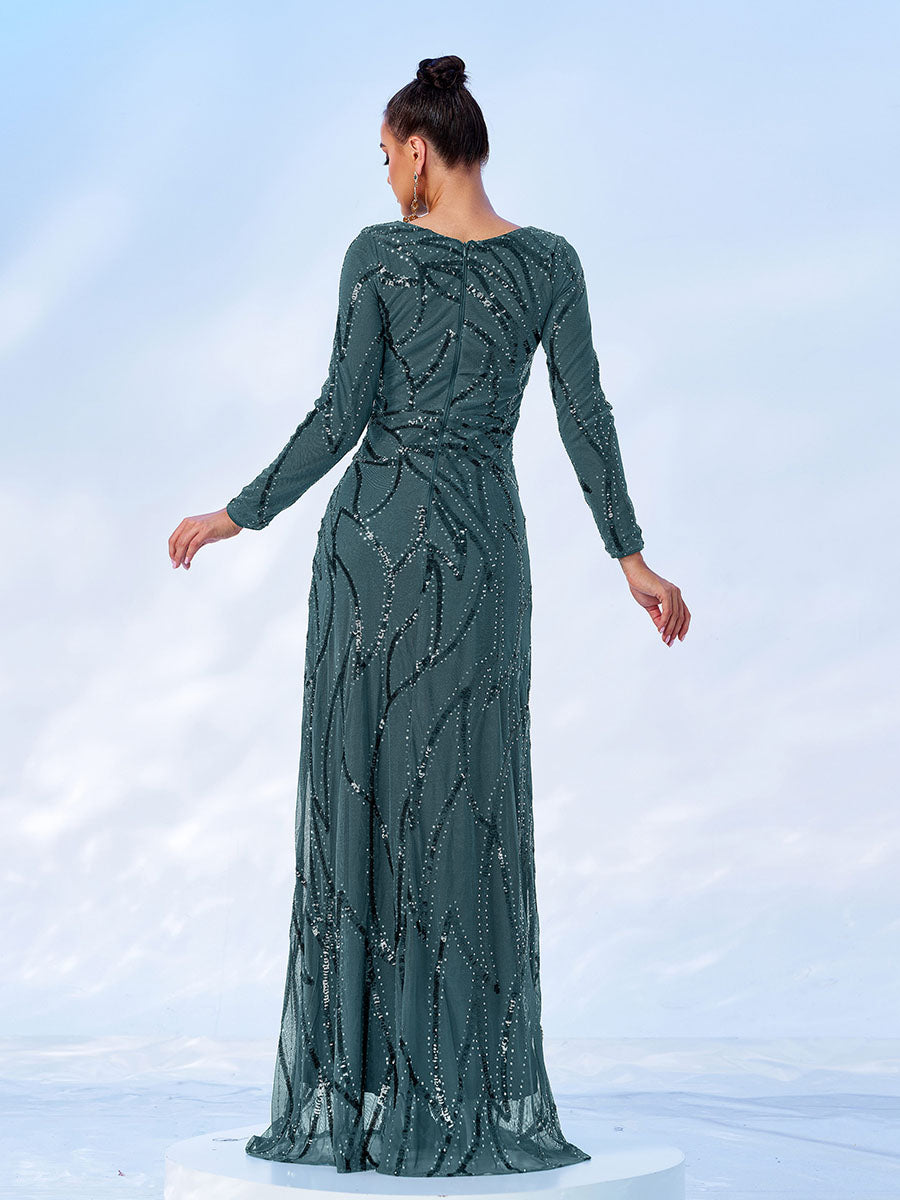 A-Line Long Sleeve Sequin Black Dress XJ1962 - MISS ORD