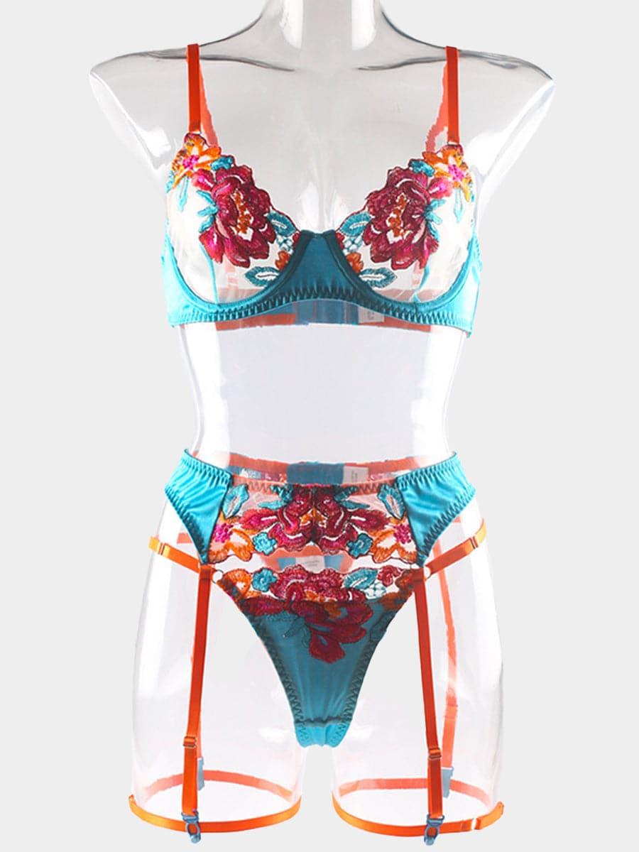 Satin Applique Underwire Lingerie 3 Piece Set MSL017 - MISS ORD