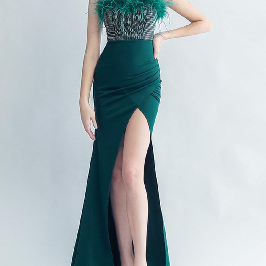 Feather Spaghetti Rhinestone Formal Dress GM90015 - MISS ORD