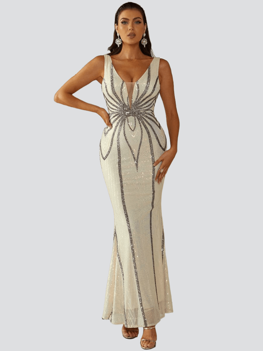Sequin Graphic V-neck Prom Dress M02094 - MISS ORD