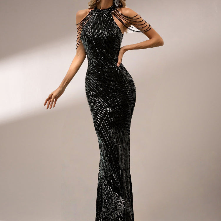 Cold Shoulder Beads Chain Cocktail Dress M01081