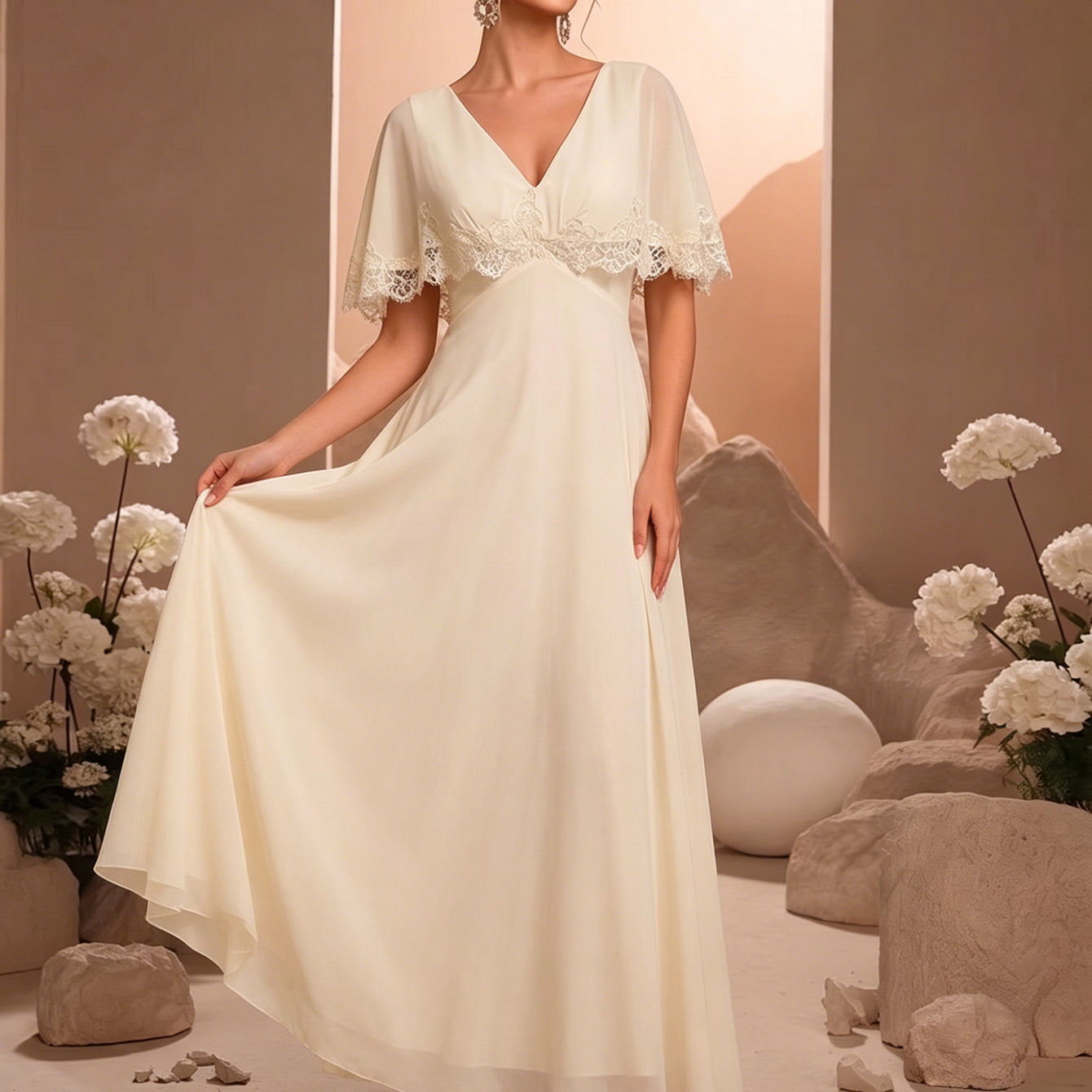 V Neck Lace Cape Chiffon A-Line Bridesmaid Dress SL30556