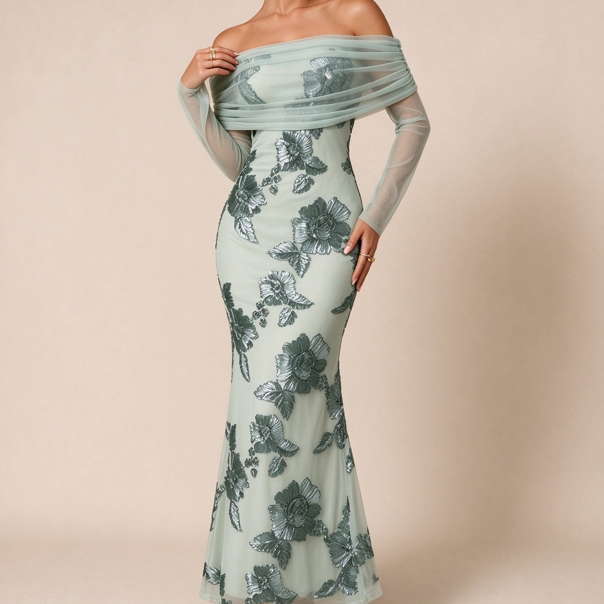 Off-The-Shoulder Sequin Floral Mesh Maxi Dress