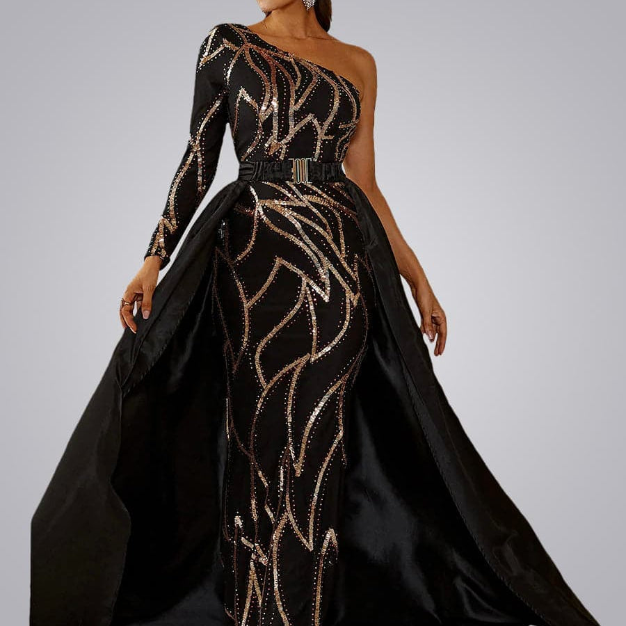 One Shoulder Cloak Sequin Prom Dress XH2172