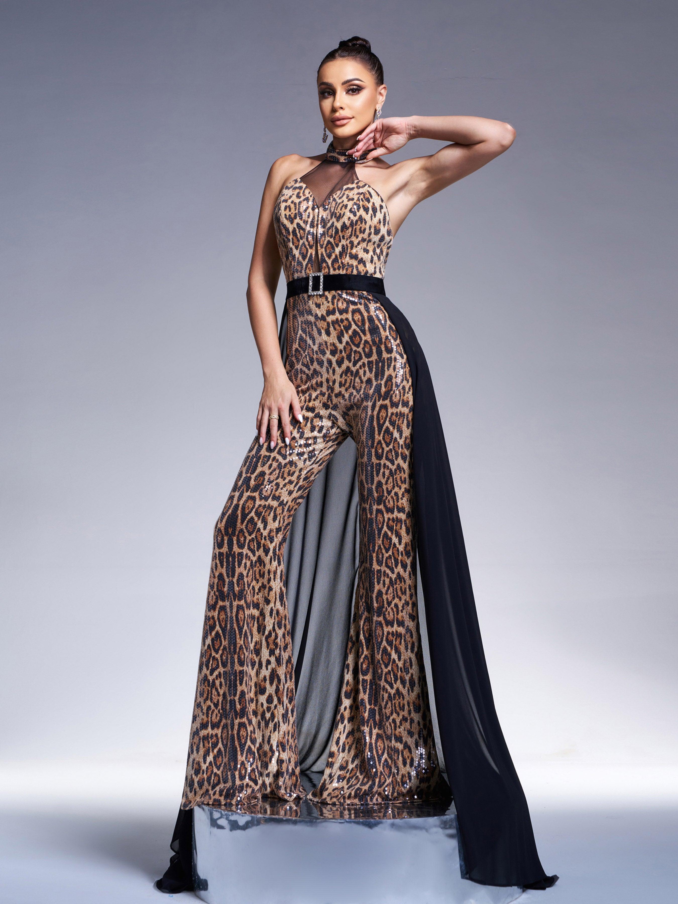 Backless Mesh Cape Leopard Jumpsuits DH80220 - MISS ORD