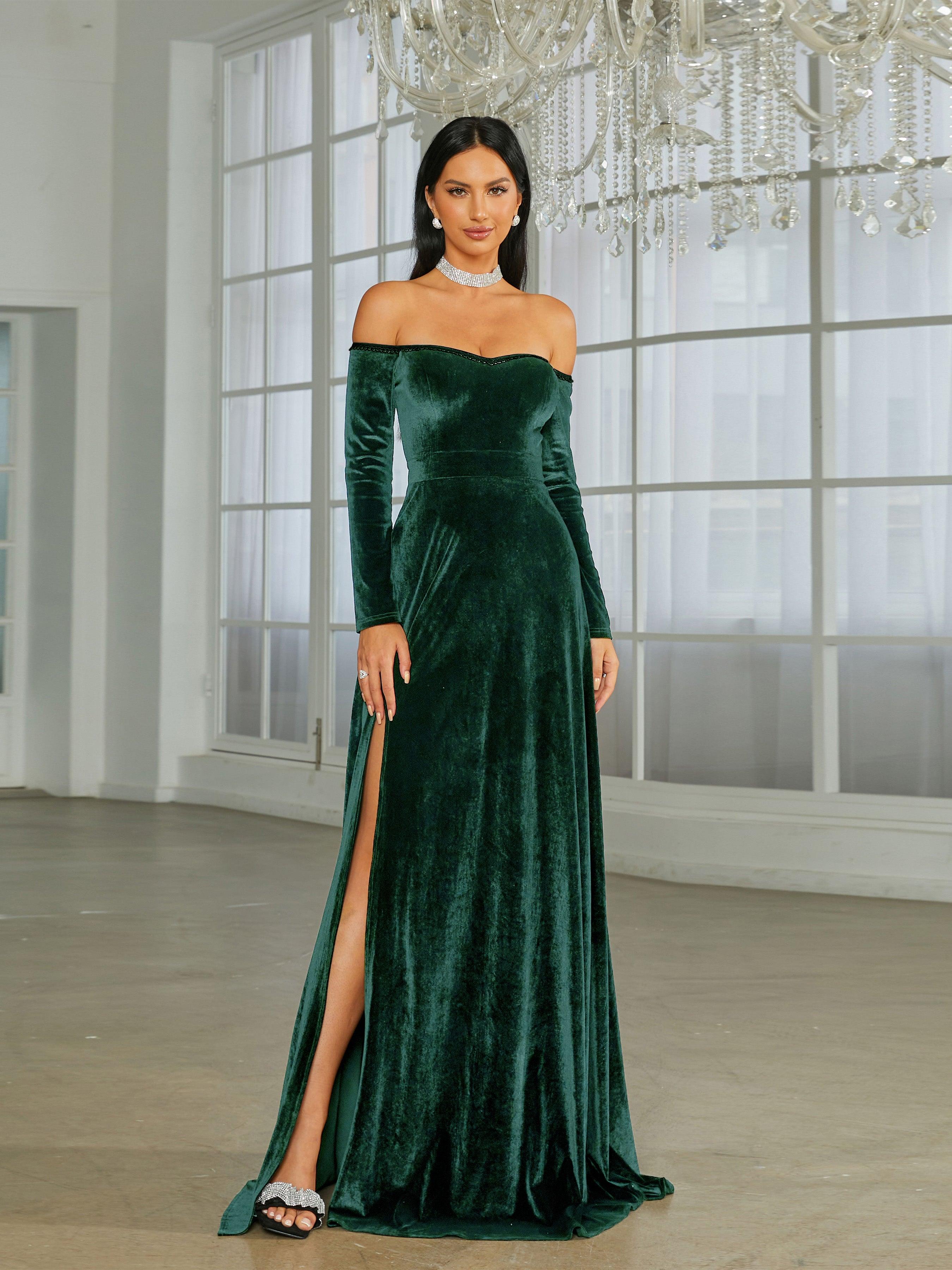 Off Shoulder Split Black Velvet Evening Dress XJ1946 - MISS ORD