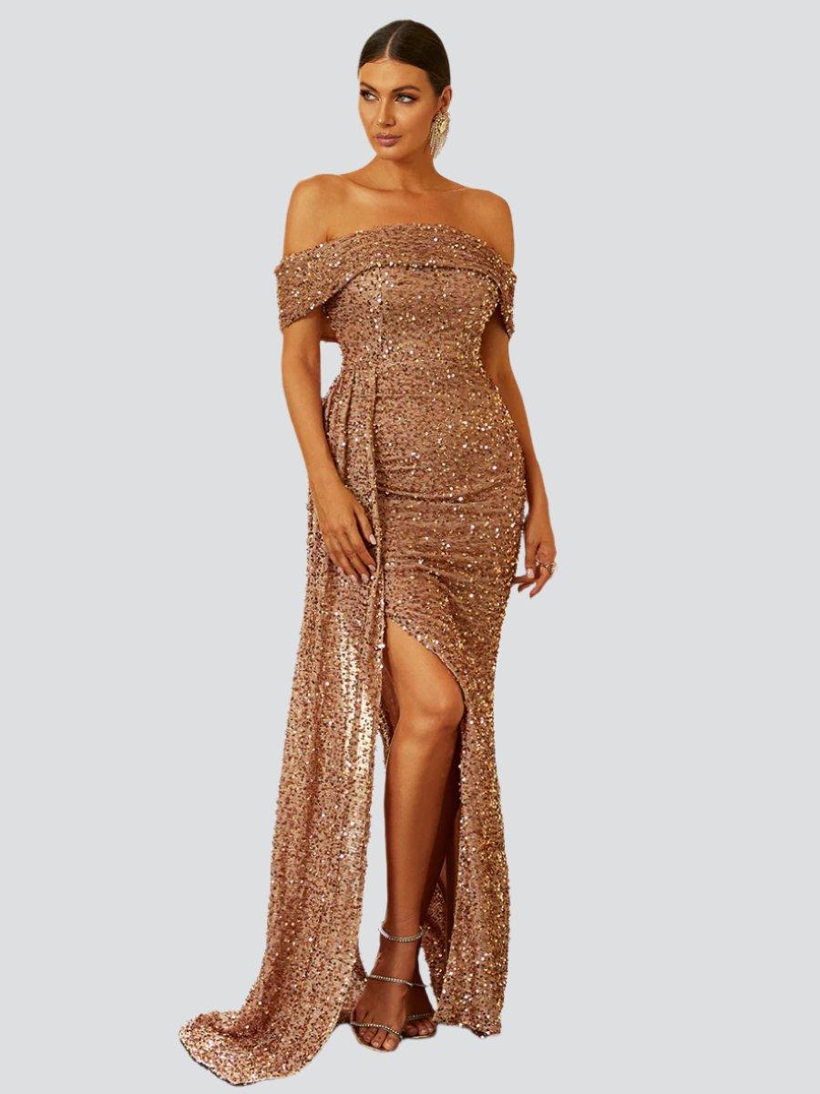 Off Shoulder Sequin High Split Prom Dress XH2132 - MISS ORD