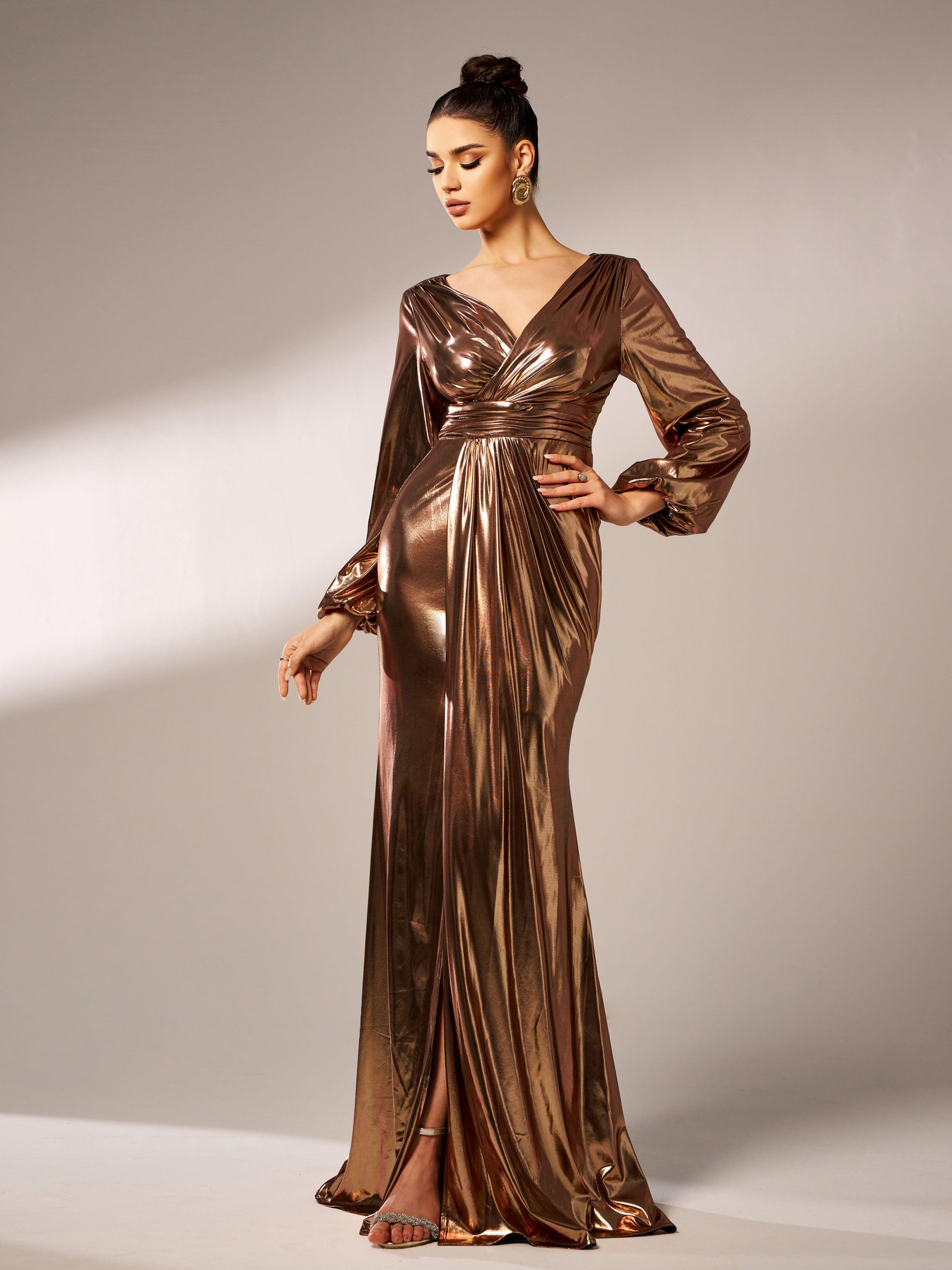 Wrap Long Sleeve Metallic Prom Dress RJ12035 - MISS ORD