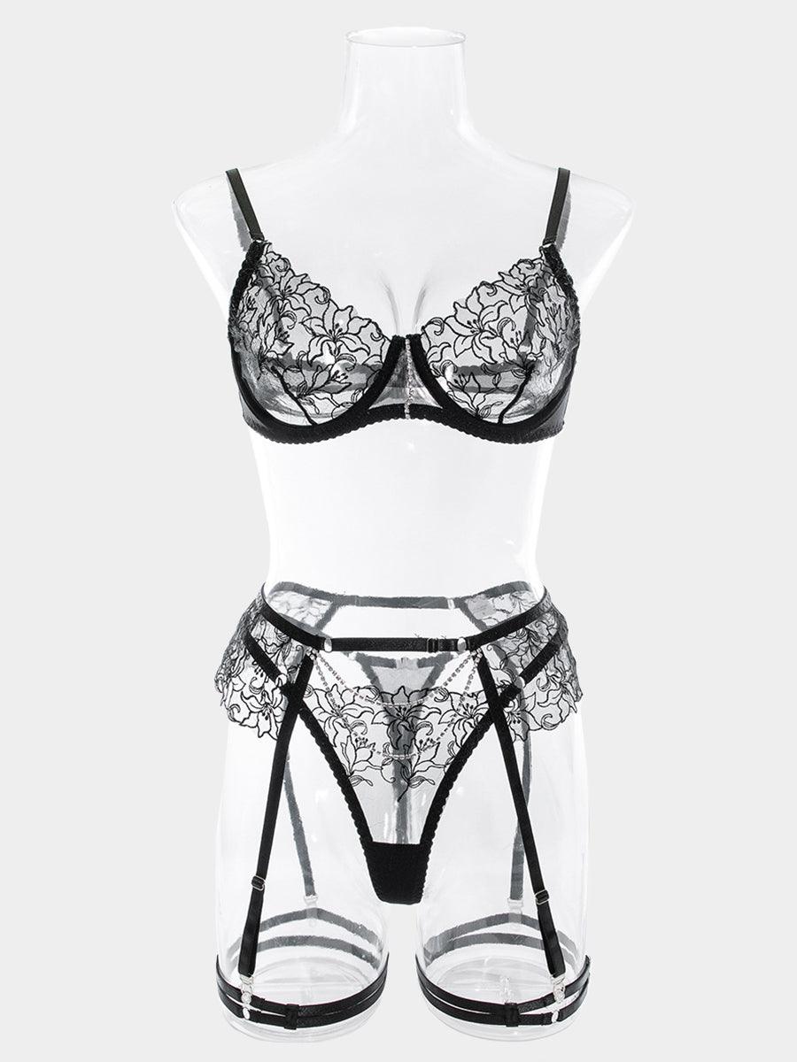 Embroidered Chain Lingerie Three-piece Set MSL045 - MISS ORD