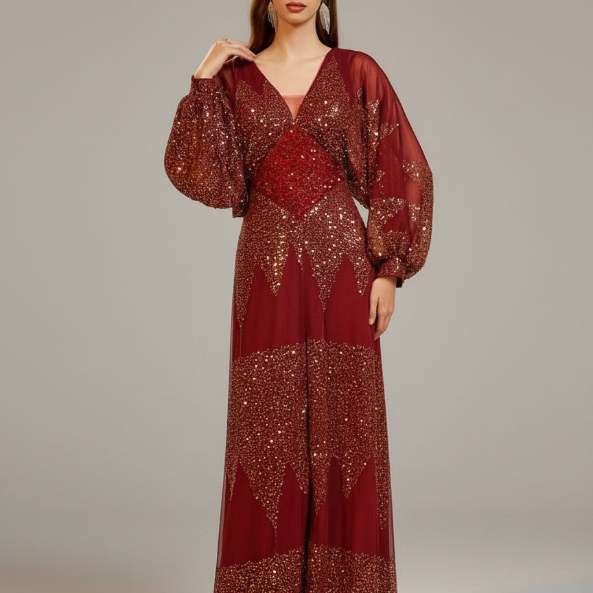 Lantern Sleeve V-Neck High Split Black Prom Dress RM21107