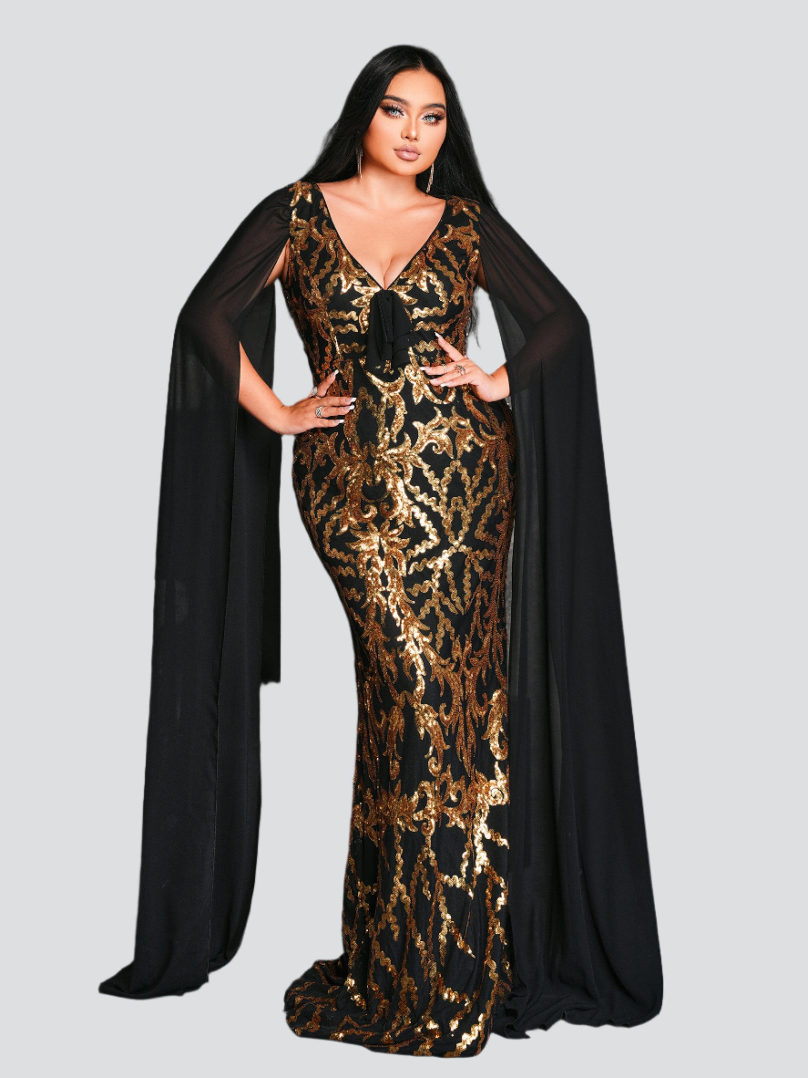 Plus V-neck Cape Sleeve Formal Dress PRX70124 - MISS ORD