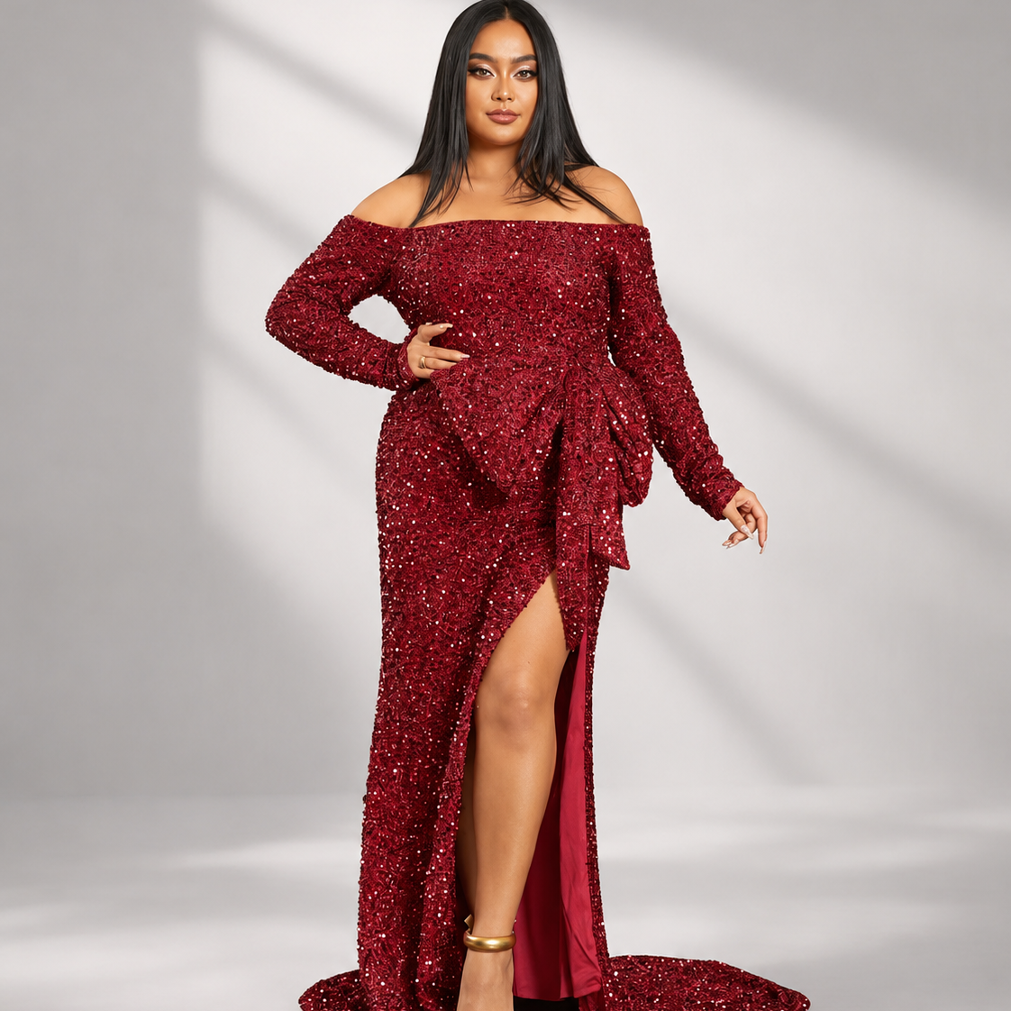 Plus Size Off The Shoulder Bow Knot Split Maxi Evening Dress PXH2122