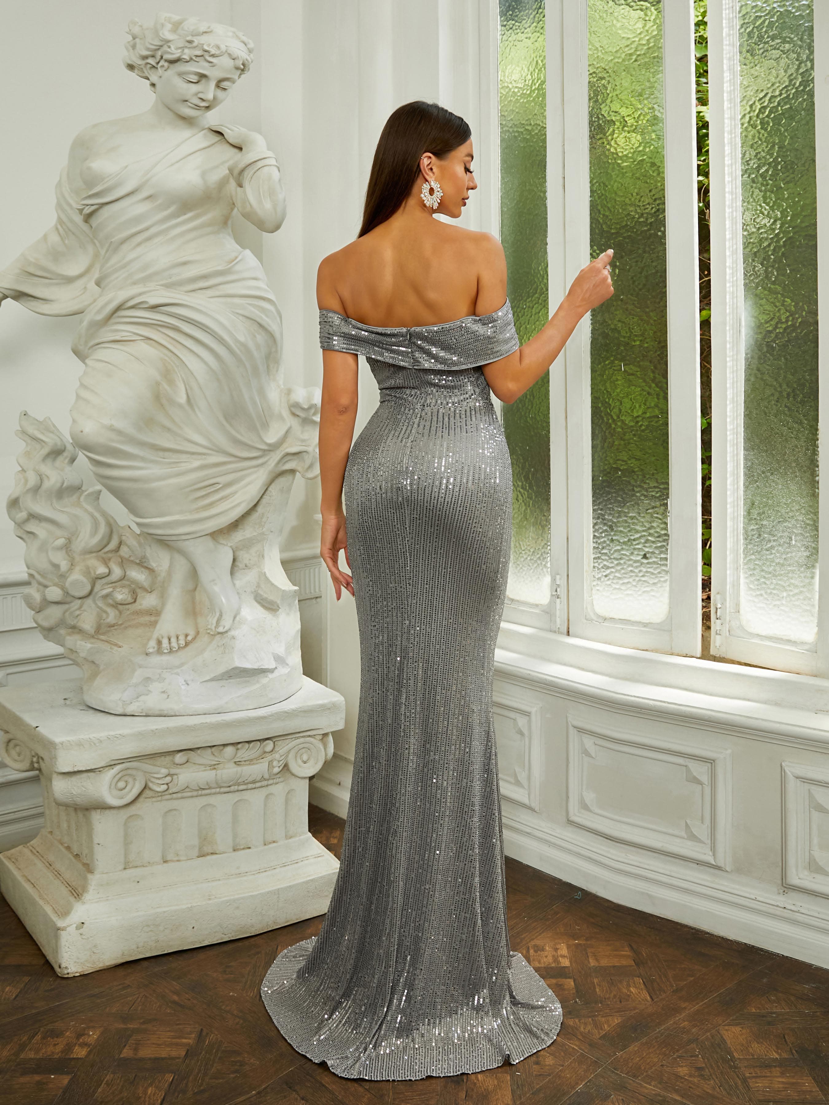 Off Shoulder Backless Sequin A-line Grey Prom Dress RM20657
