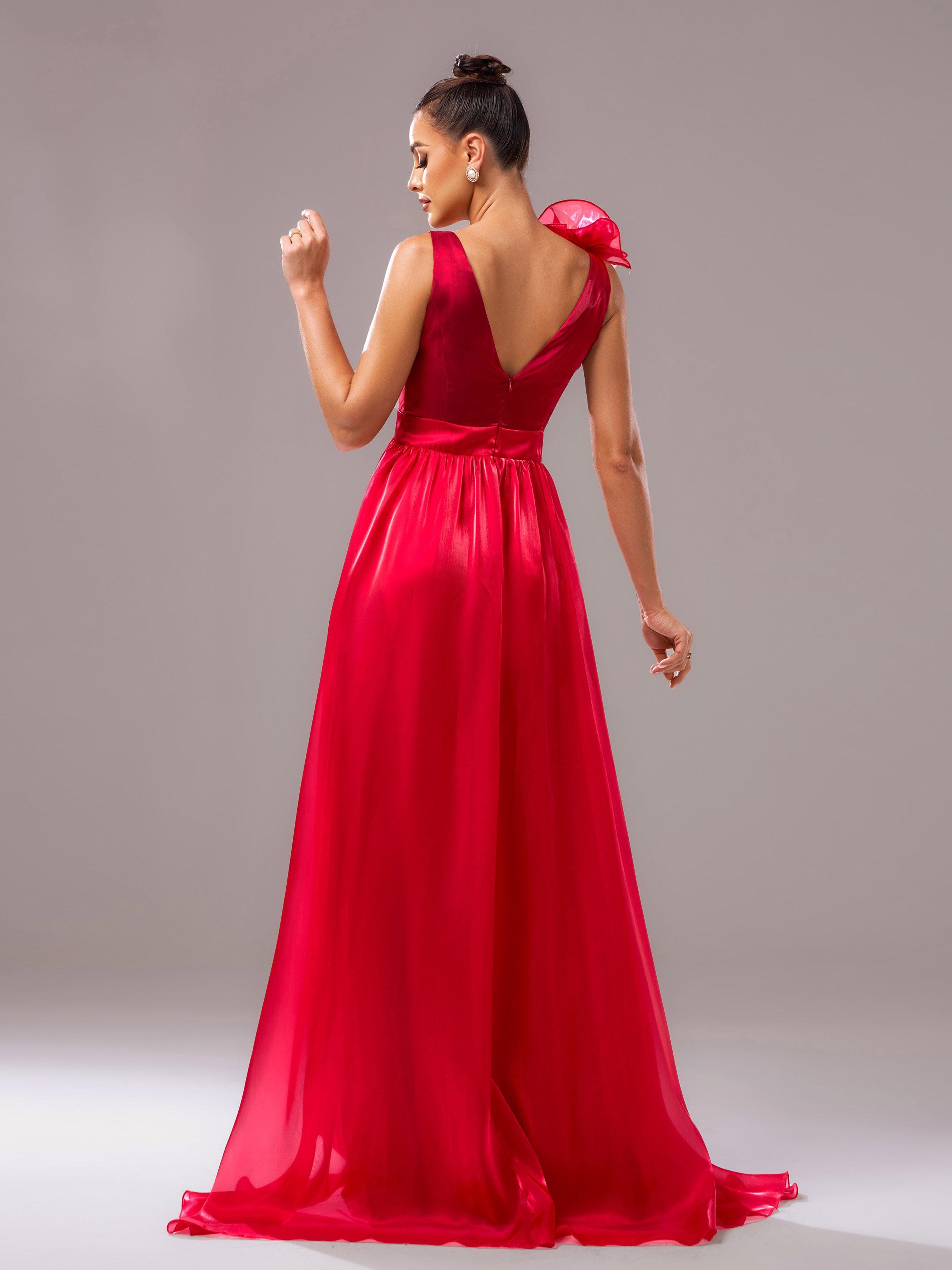 Red Floral Satin V-Neck A-line Evening Dress GZ60108 - MISS ORD