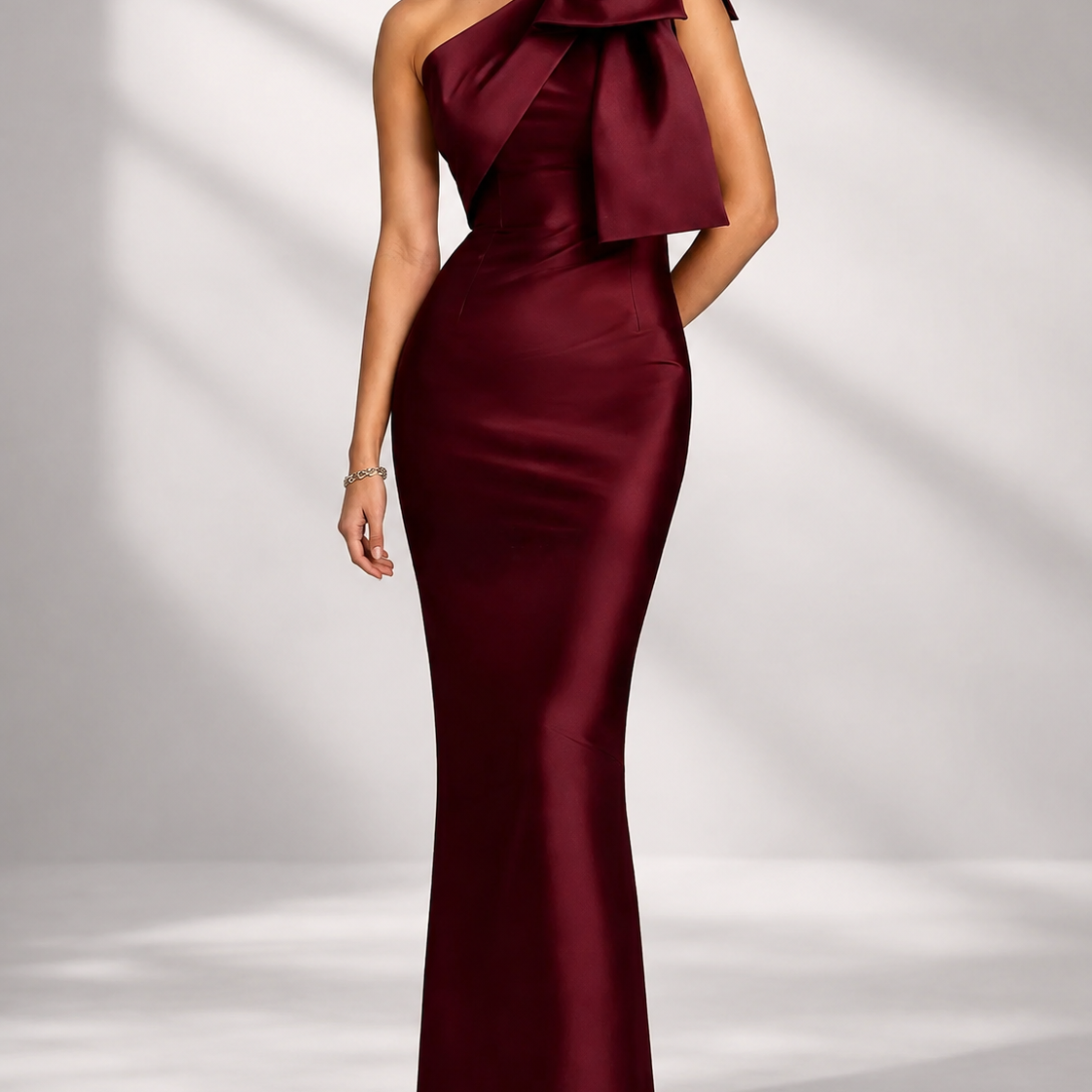 One Shoulder Bow Satin Mermaid Maxi Evening Dress