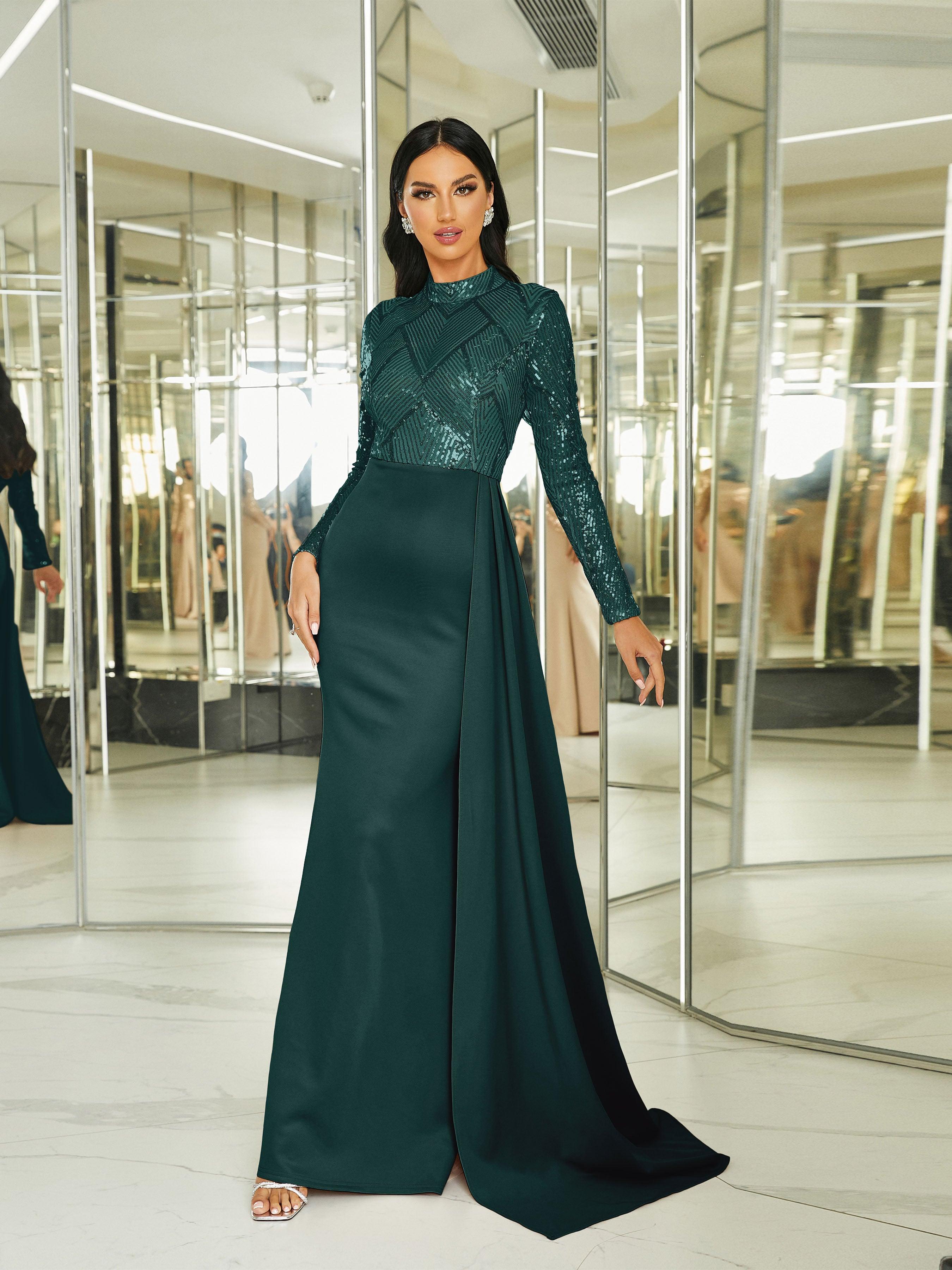 Draping Long Sleeve Sequin Formal Dress M02153 - MISS ORD