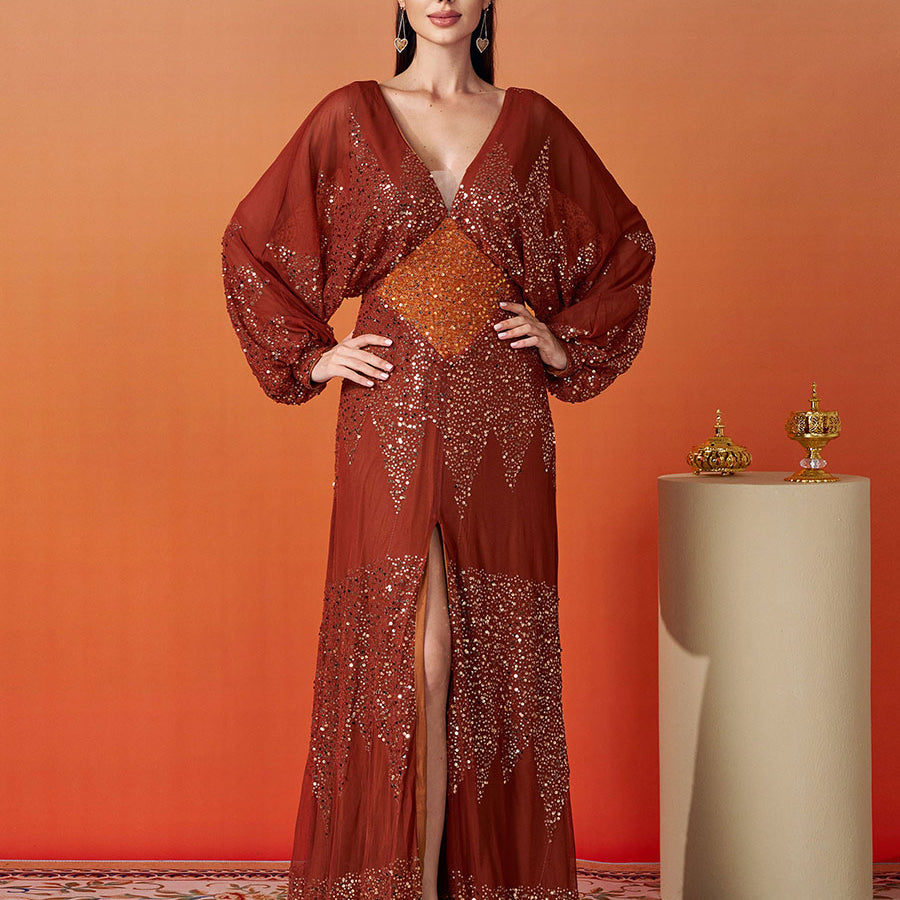 Lantern Sleeve V-Neck High Split Black Prom Dress RM21107