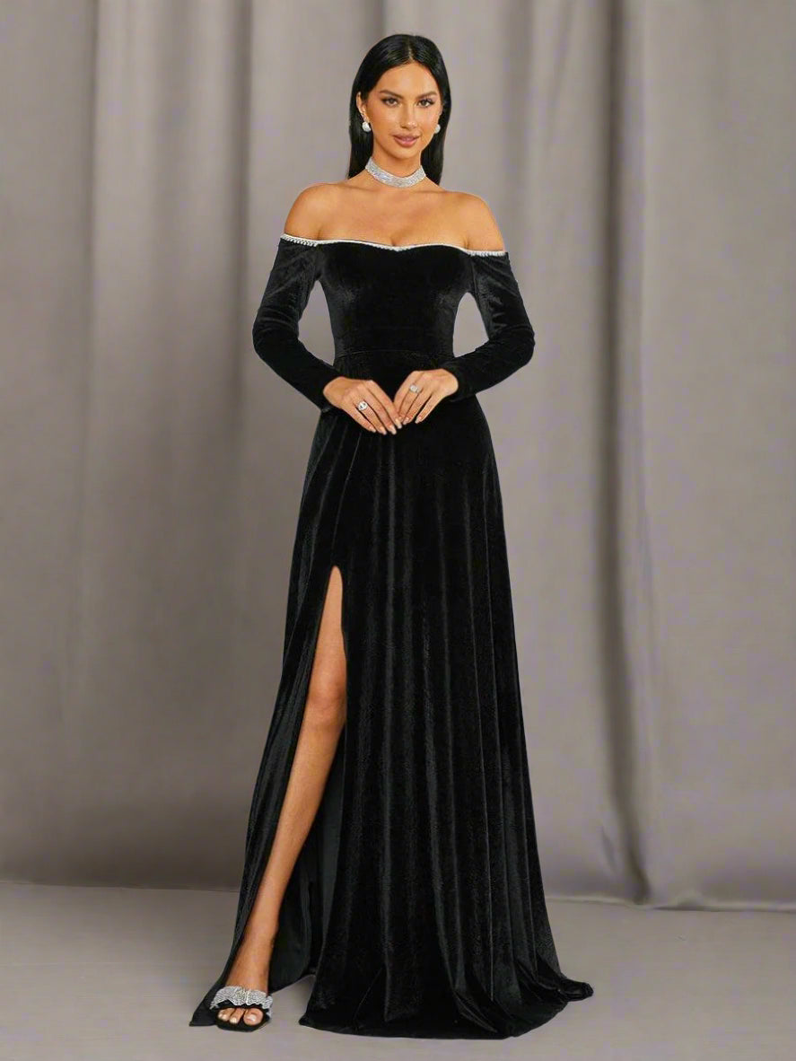 Off Shoulder Split Black Velvet Evening Dress XJ1946 - MISS ORD