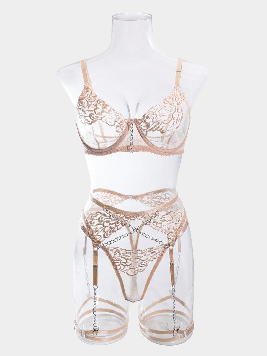 Metal Chain Embroidered Sexy Lingerie 4 Piece Set MSL034 - MISS ORD
