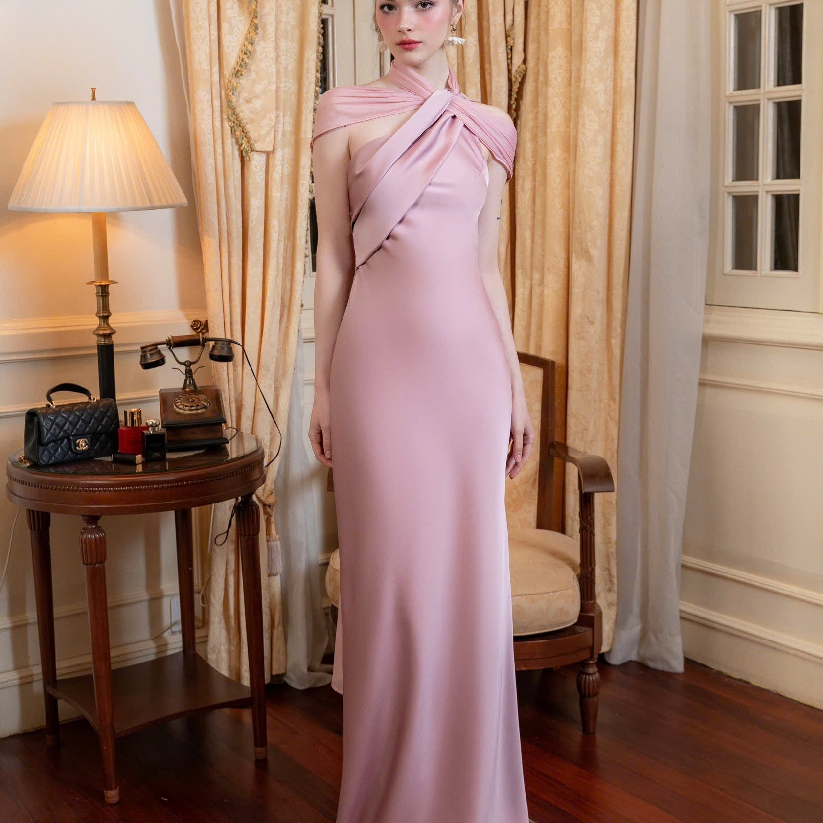 One Shoulder Draped Cape Backless Satin Evening Dress