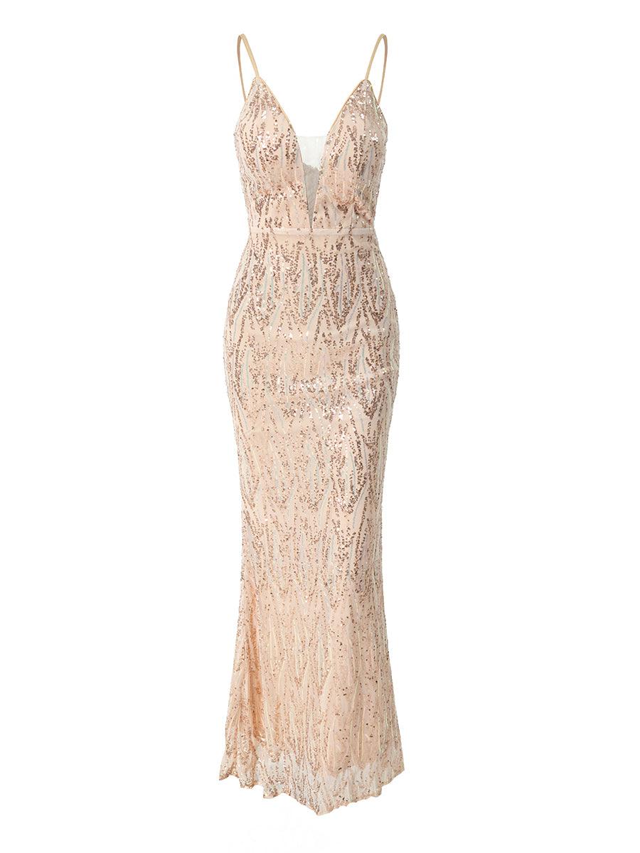 V-neck Sleeveless Sequin Maxi Dress XH1589 - MISS ORD