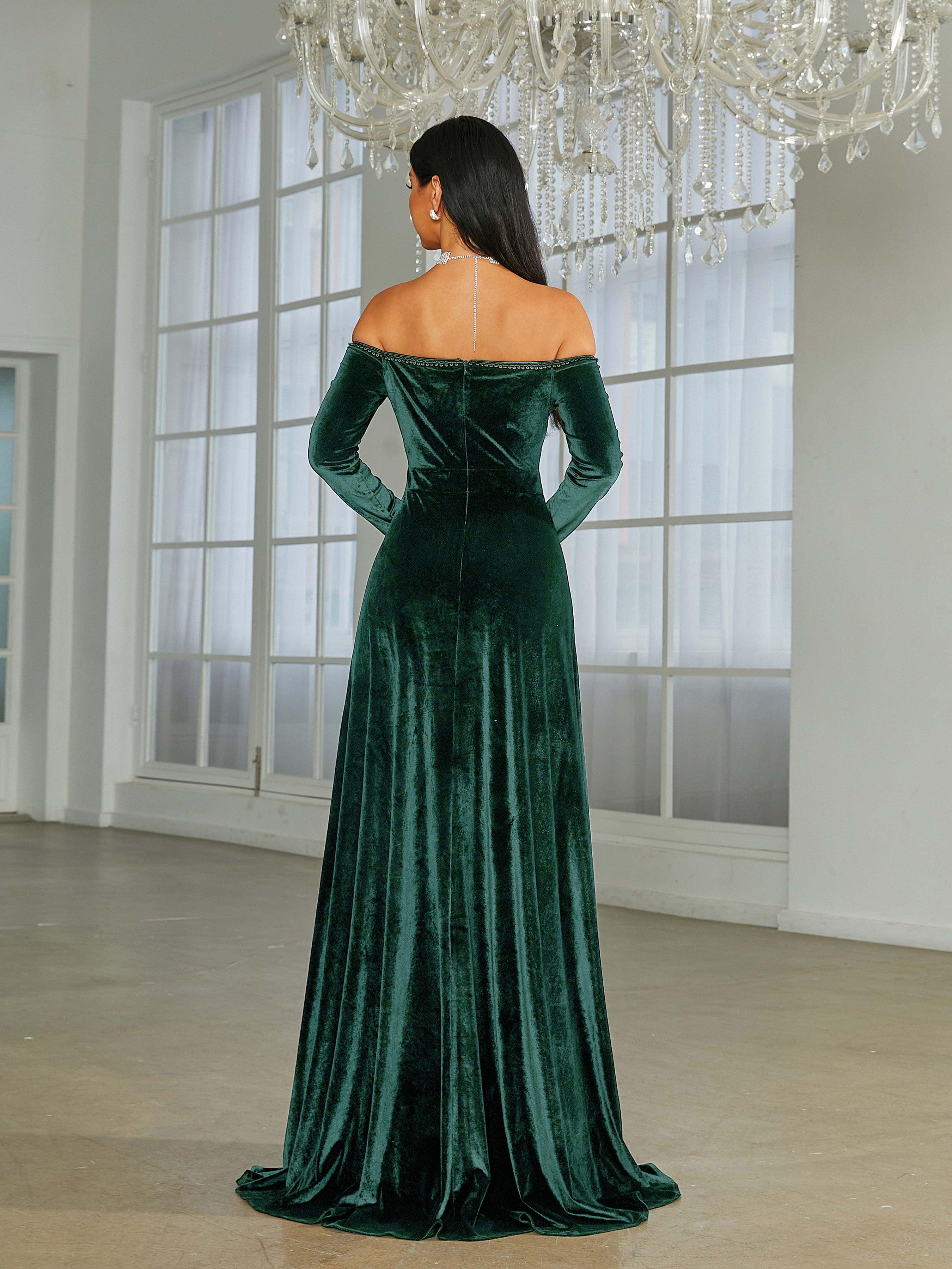 Off Shoulder Split Black Velvet Evening Dress XJ1946 - MISS ORD