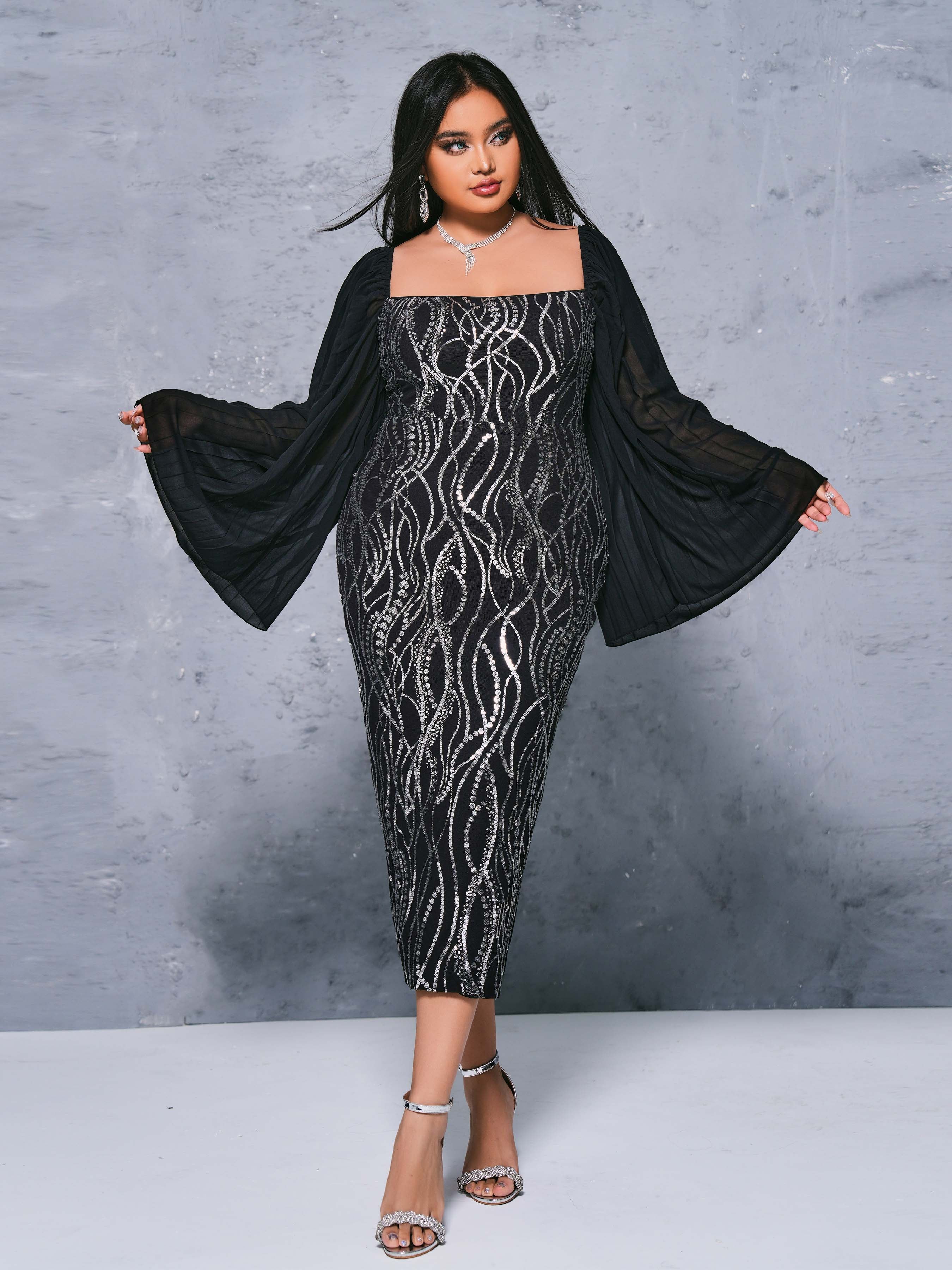 Plus Panel Sleeve Sequin Midi Dress PRH308028