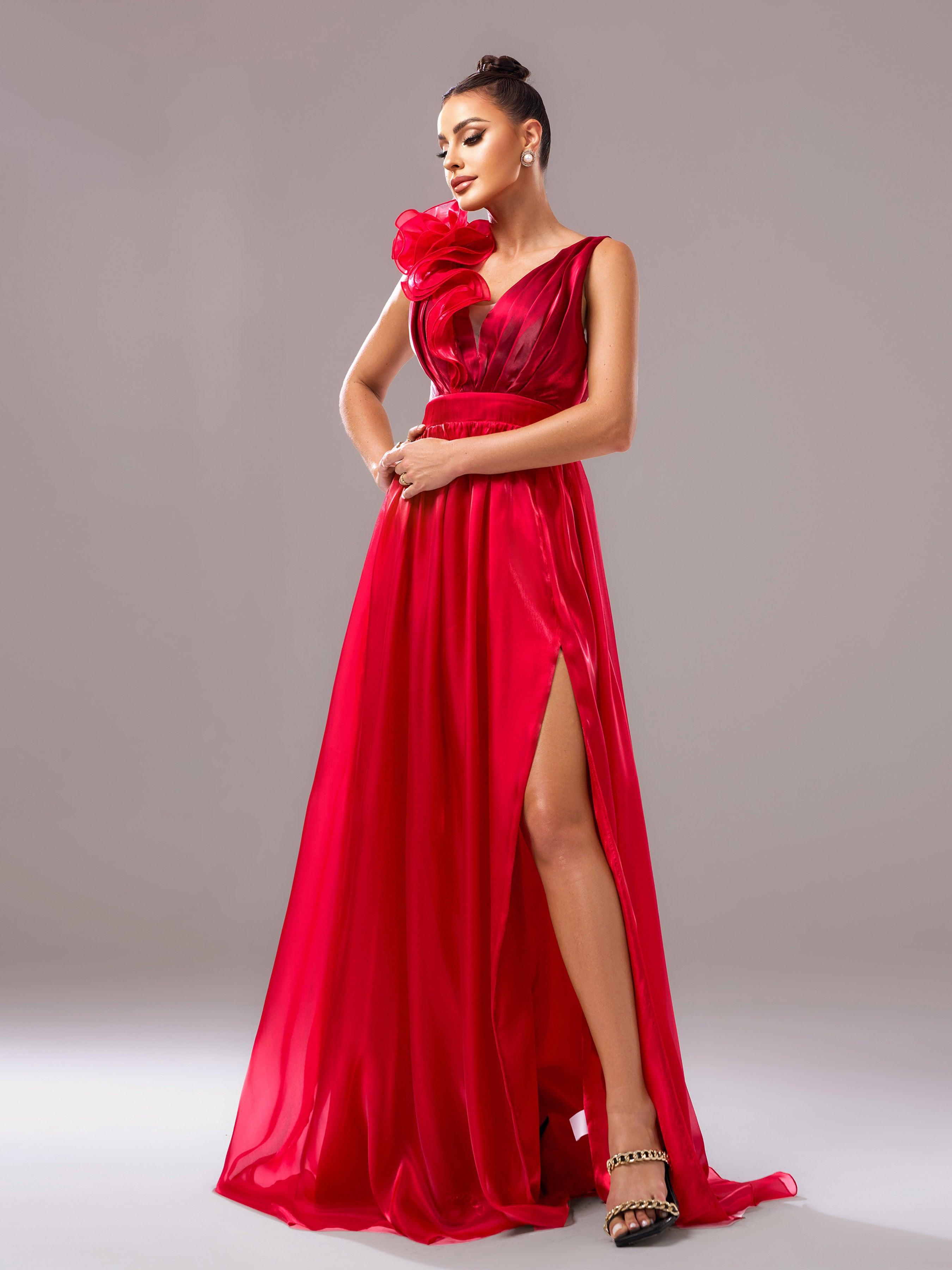 Red Floral Satin V-Neck A-line Evening Dress GZ60108 - MISS ORD