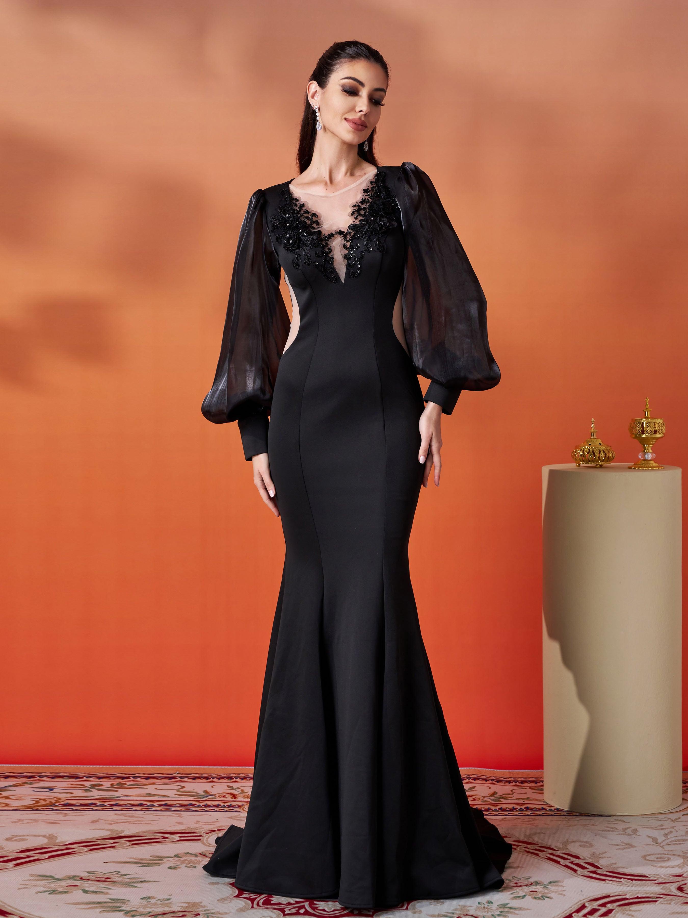Black Embroidery Floor Length Puff Sleeve Dress DH80308 - MISS ORD