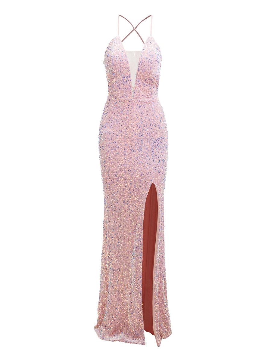 V Neck Open Back Sequin Maxi Formal Dress XH1933 - MISS ORD