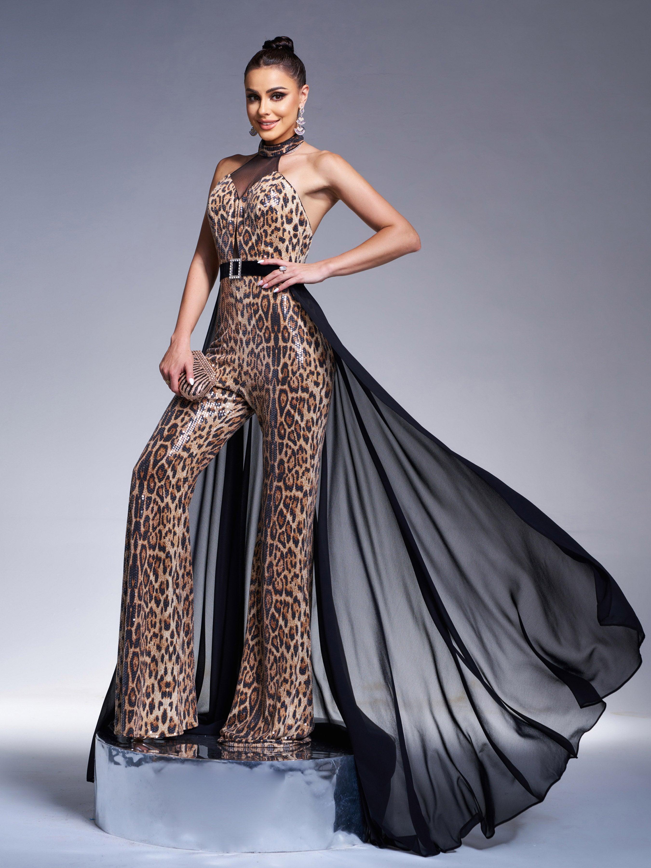 Backless Mesh Cape Leopard Jumpsuits DH80220 - MISS ORD