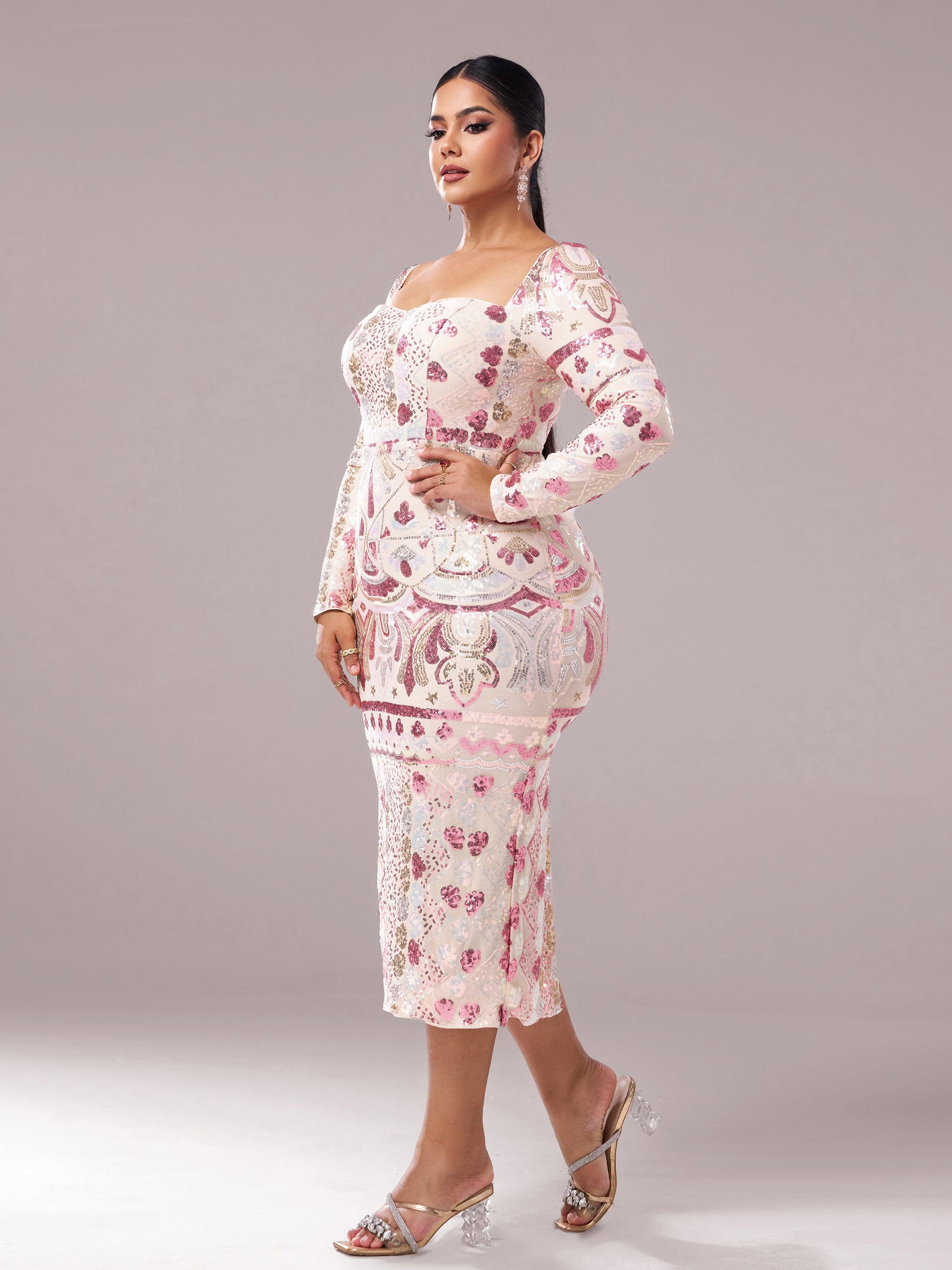 Plus Square Neck Sequin Split Midi Dress PRM20830 - MISS ORD